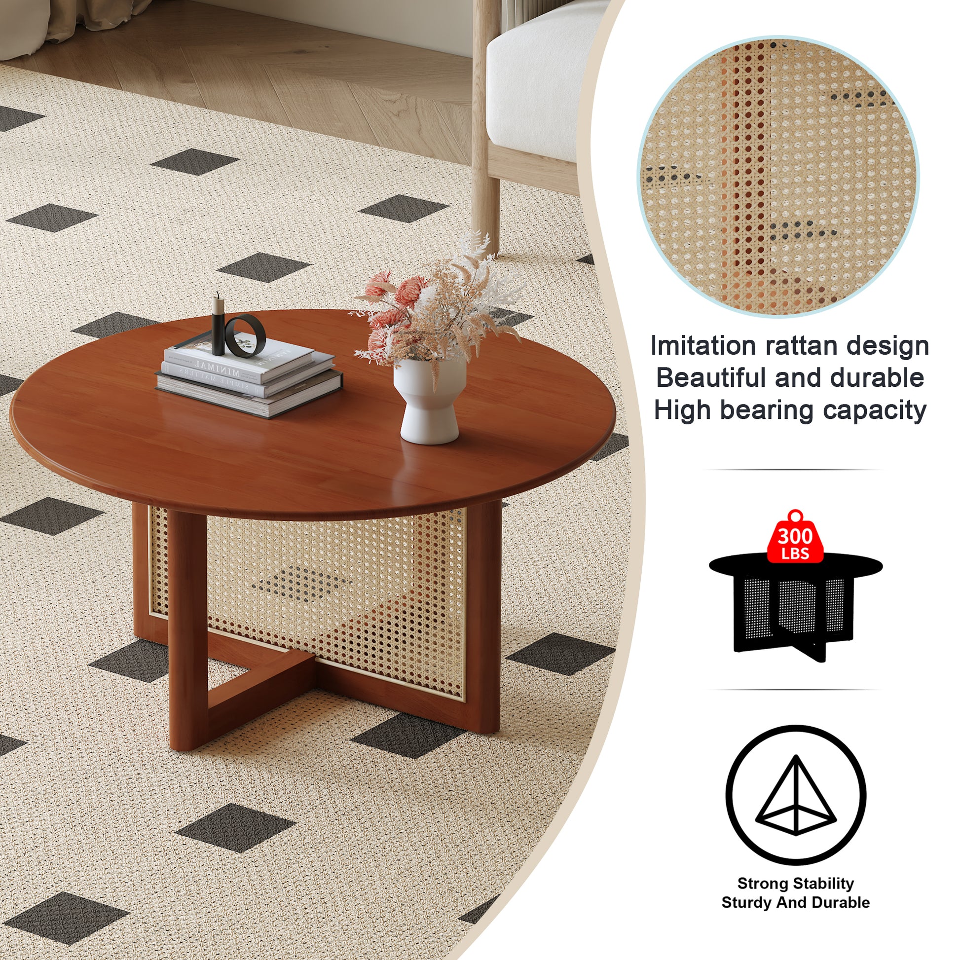 A Natural And Elegant Deep Red Wooden Coffee Table With Artificial Rattan Decorations, Perfect For A Fashionable Living Room And Comfortable Tea Drinking Time Red Wood