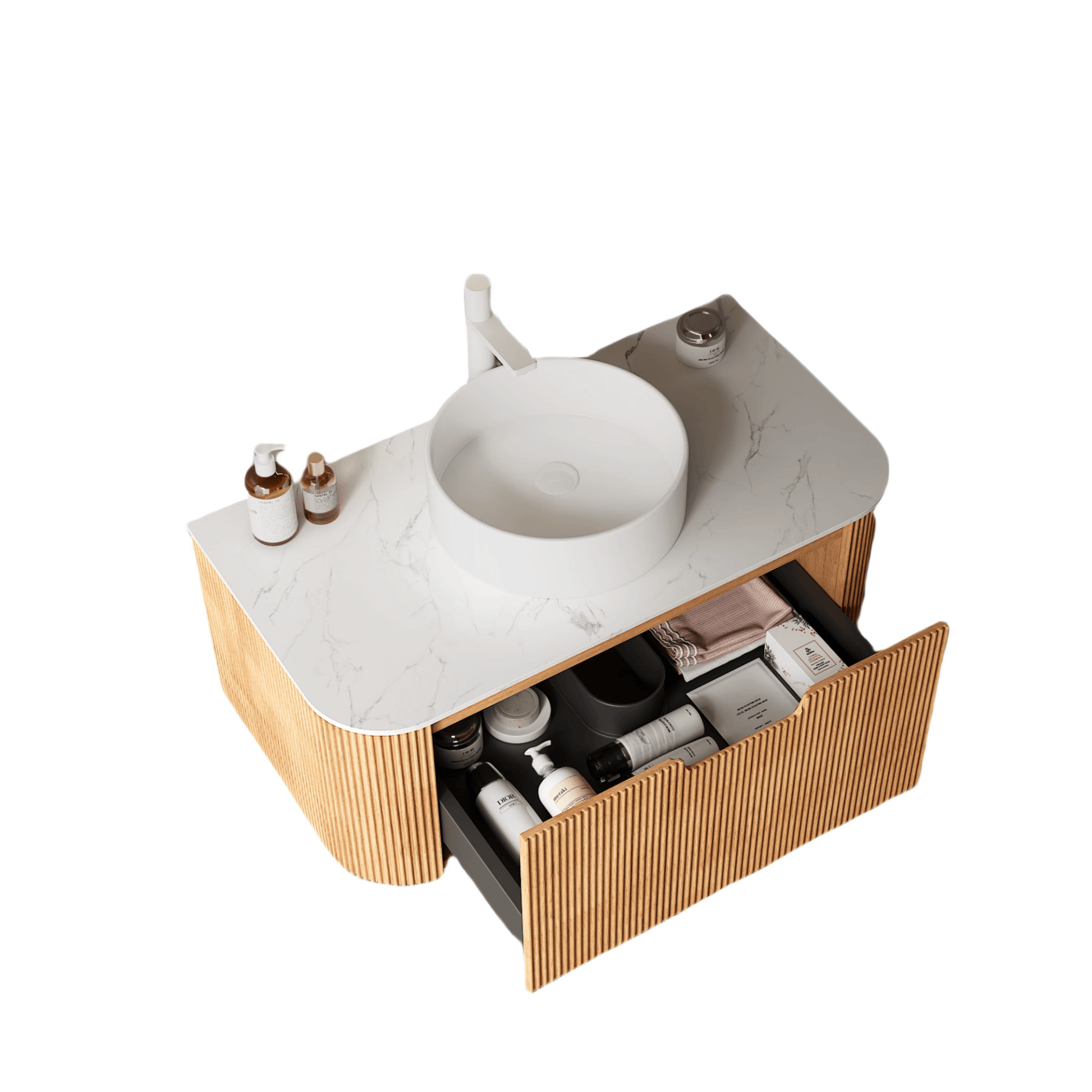 Dina 36" Bathroom Vanity With Sink, Modern Wall Mounted Floating Curved Edges Striped Bathroom Storage Cabinet With A Drawer, White Artificial Marble Basin Without Faucet, Pre Assembled, Natural