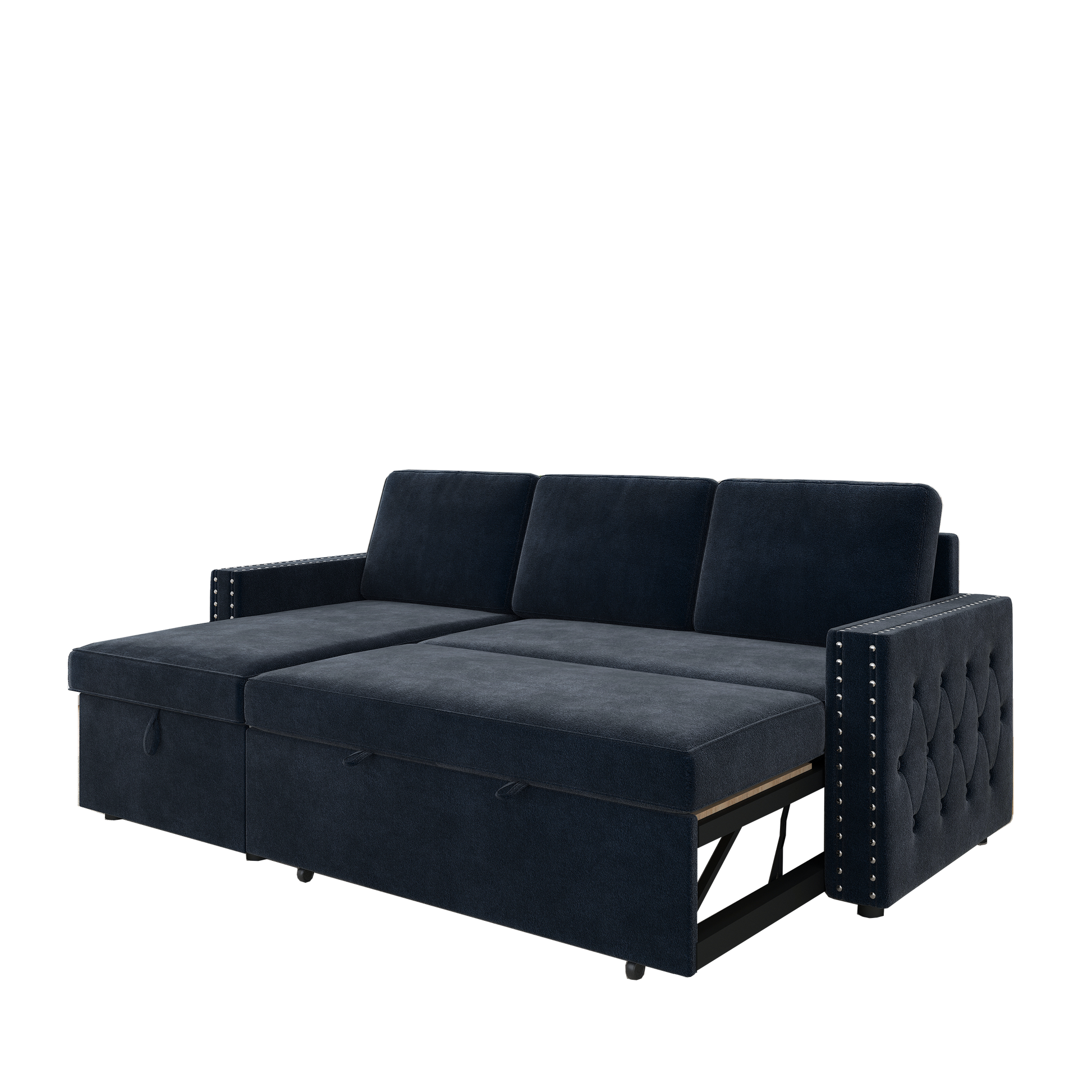 85 Inches Sofa Bed, 3 Seater Sleeper Sofa With Storage Chaise, Square Handrail With Pull And Copper Nail,Chenille, Pull Out Couch For Living Room Blue Chenille 3 Seat