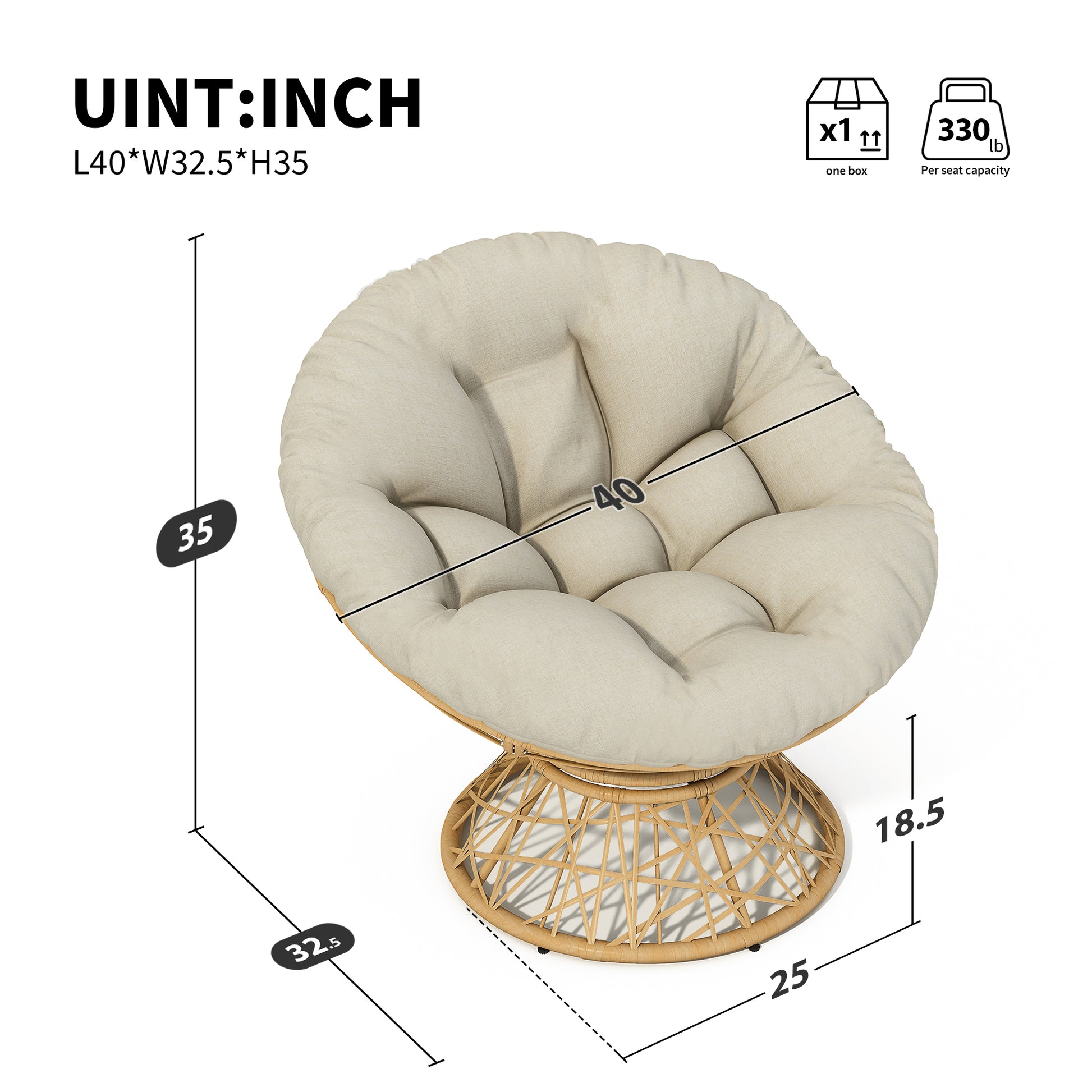 40" Ergonomic Wicker Chair With Cloud Thick Density Fabric Cushion,3 Proof Cover,High Capacity Iron Frame,Fluid 360 Degree Swivel For Reading,Living Room, Bedroom,Lounge,Natural Base,2 Colors