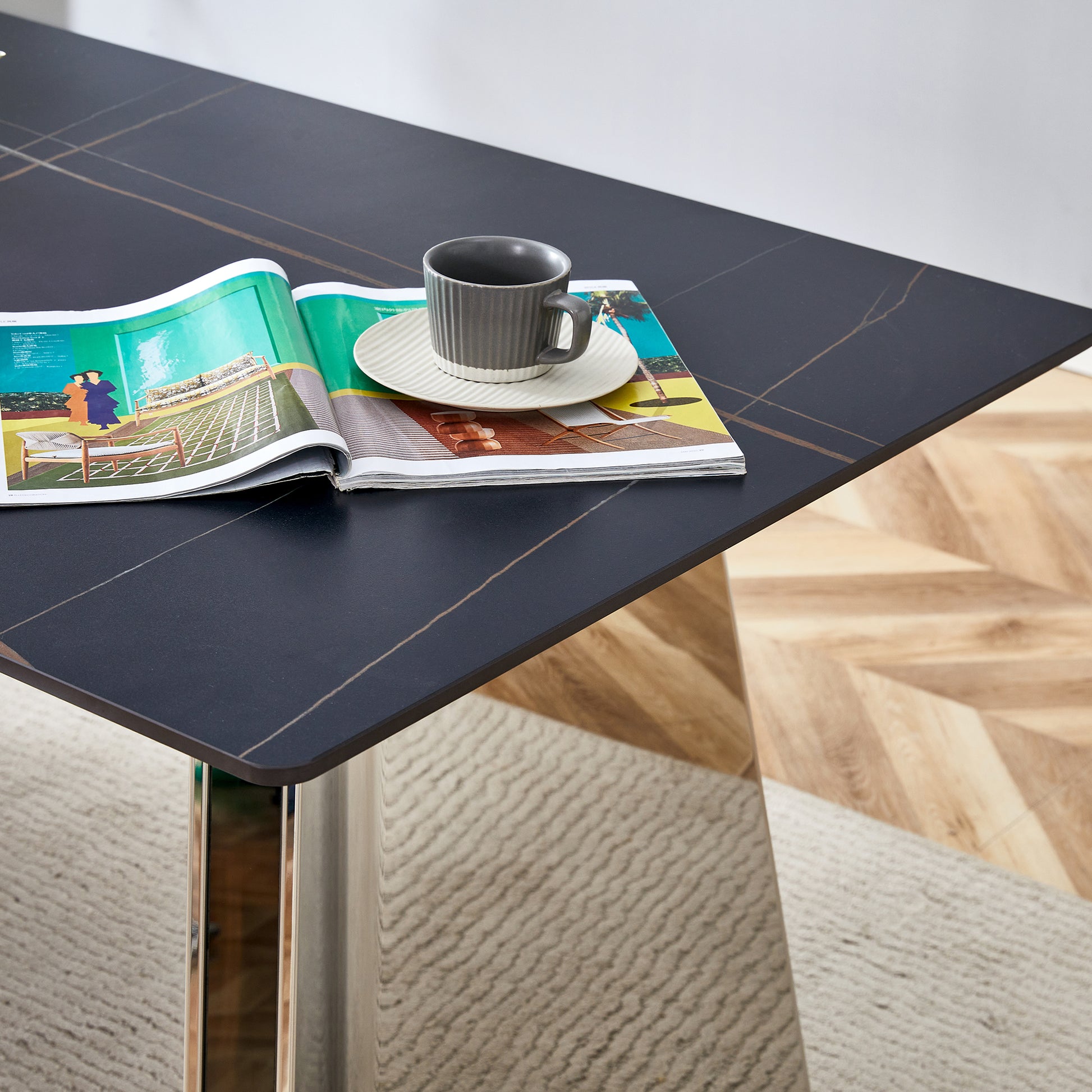 Table And Chair Set.63"X31.5X30" Black Marble Patterned Slabs Tabletop With Stainless Steel Butterfly Legs.Paried With 6 Light Gray High Quality Pu Chairs With Silver Metal Legs. Light Gray,Silver