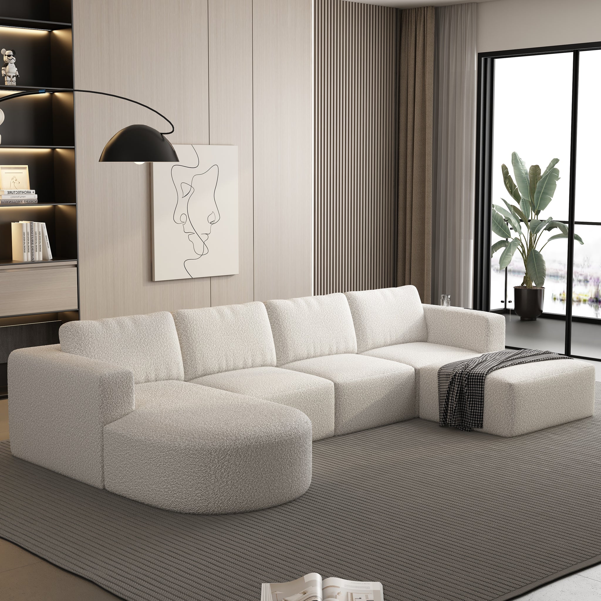 133.84*70.86 Modular Sectional Sofa Sleeper Couch, Sectional Sofa With Chaise And Ottoman, Convertible U Shaped Modular Sofa Set. Compressed Sponge, White. Combo 2A B C D White Primary Living Space Soft Minimalist,Modern Foam Spring 6 Seat