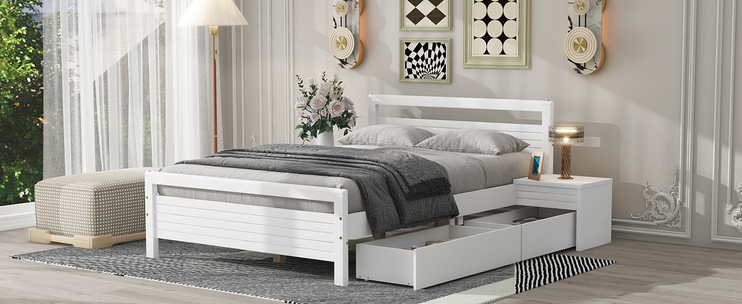 Full Size Wooden Platform Bed With 2 Storage Drawers And 2 Bedside Tables, White Full White Pine