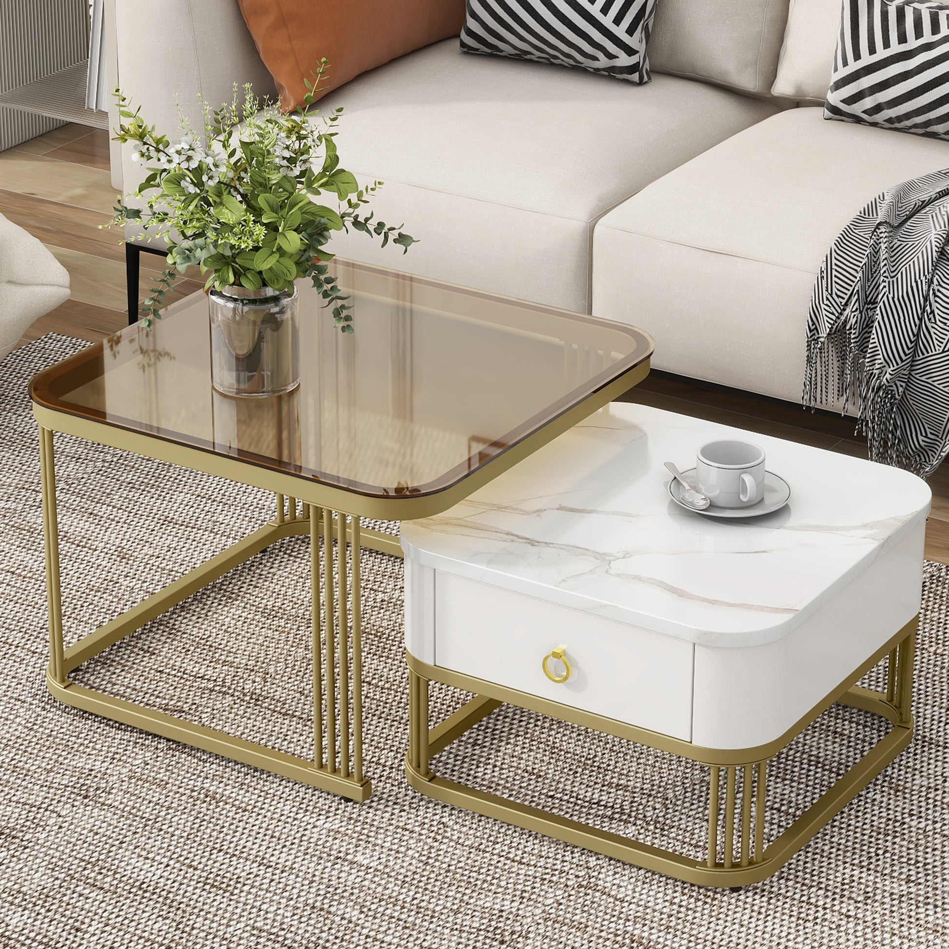 Nesting Coffee Table With Drawer, Set Of 2, Exquisite Square Stacking Coffee Tables With Brown Tempered Glass, Side Table With High Gloss Marble Grain Tabletop For Living Room, White White Gold Primary Living Space Drawers Square Mdf Steel