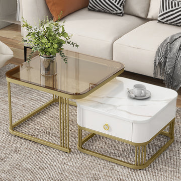 Nesting Coffee Table With Drawer, Set Of 2, Exquisite Square Stacking Coffee Tables With Brown Tempered Glass, Side Table With High Gloss Marble Grain Tabletop For Living Room, White White Gold Primary Living Space Drawers Square Mdf Steel