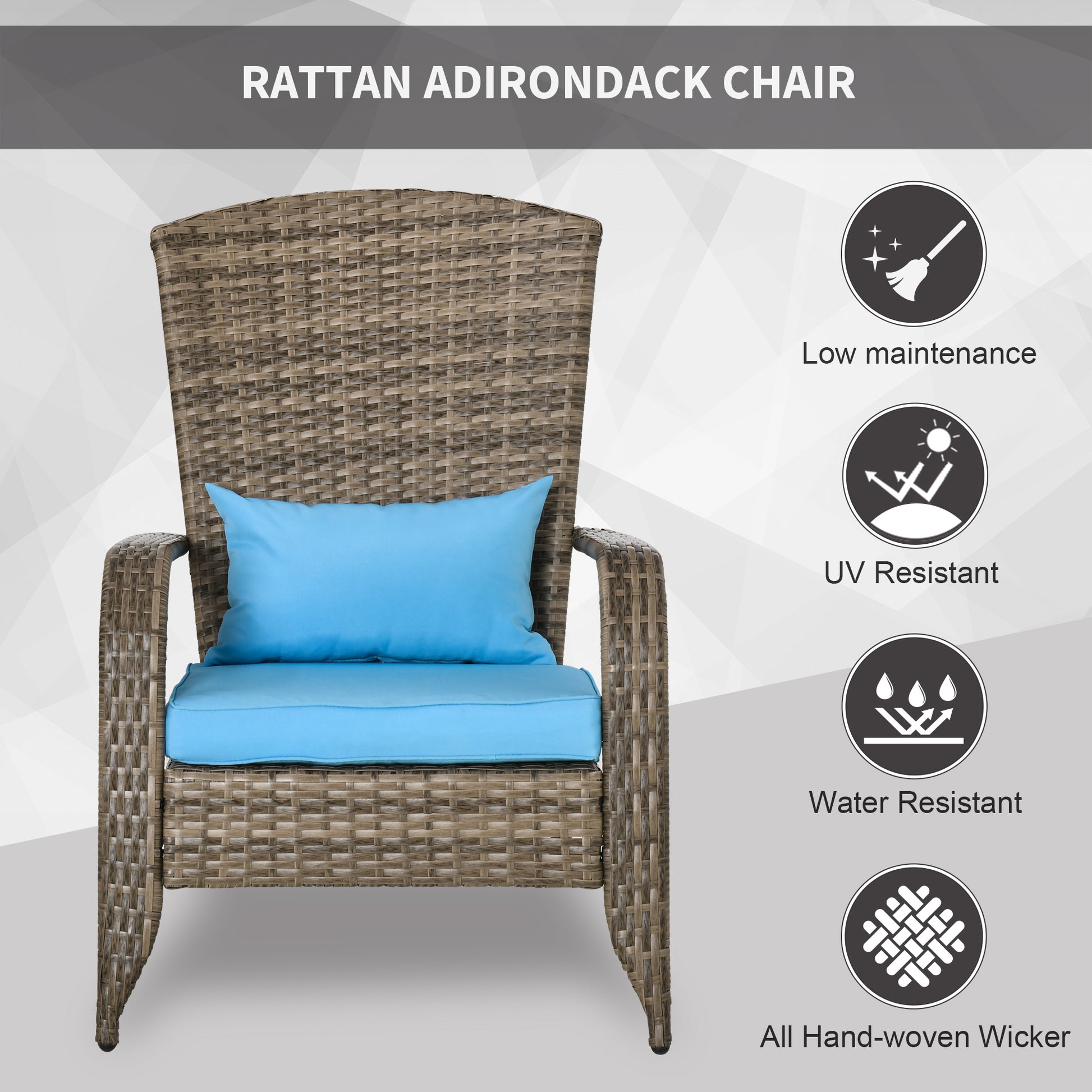 Outsunny Patio Wicker Adirondack Chair, Outdoor All Weather Rattan Fire Pit Chair W Soft Cushions, Tall Curved Backrest And Comfortable Armrests For Deck Or Garden, Sky Blue Blue Steel