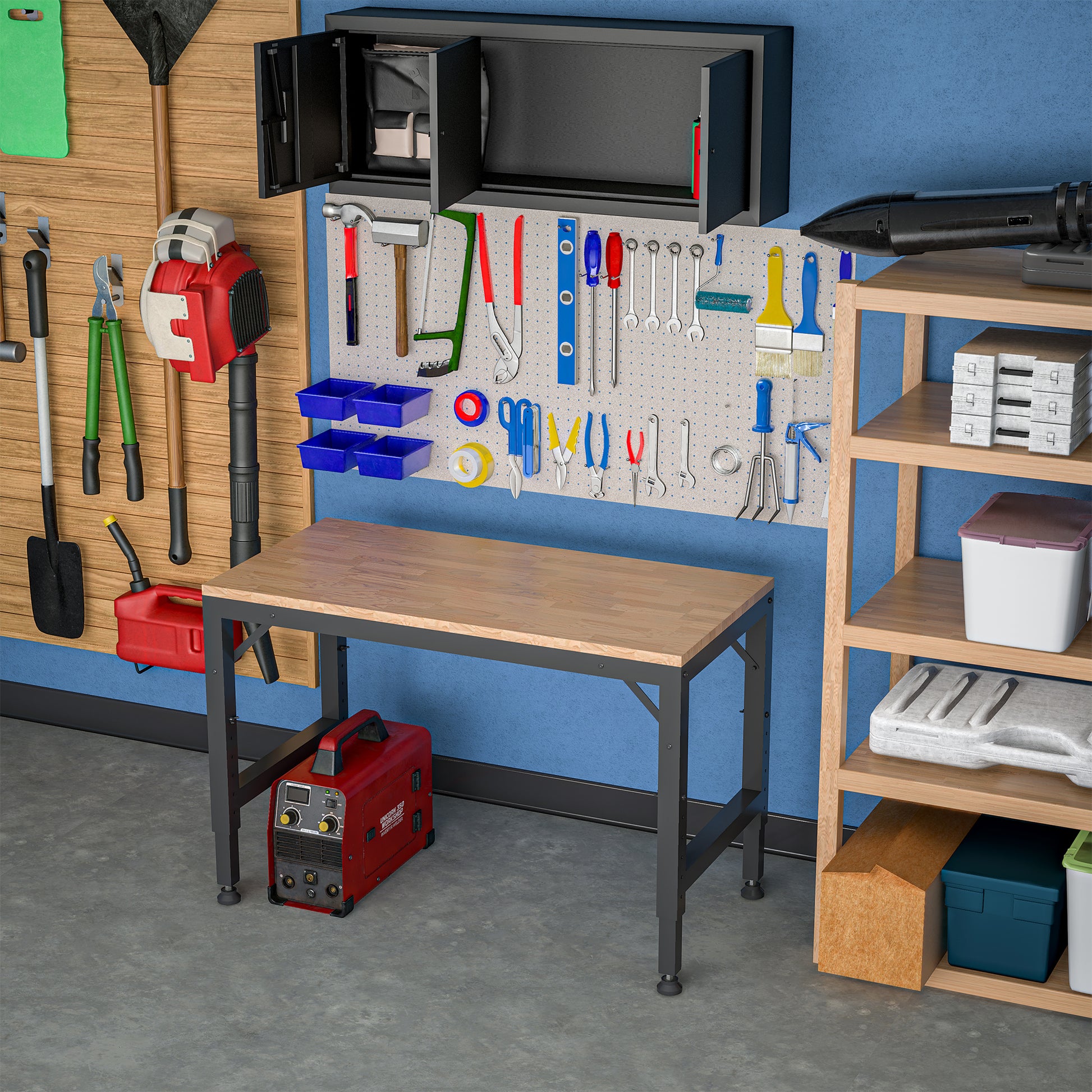 48" Heavy Duty Adjustable Workbench For Garage, Rubber Wood Shop Table W Rubber Pads, Hardwood Workstation Weight Capacity Over 2000 Lbs Black Metal & Wood