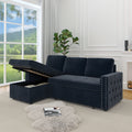 85 Inches Sofa Bed, 3 Seater Sleeper Sofa With Storage Chaise, Square Handrail With Pull And Copper Nail,Chenille, Pull Out Couch For Living Room Blue Chenille 3 Seat