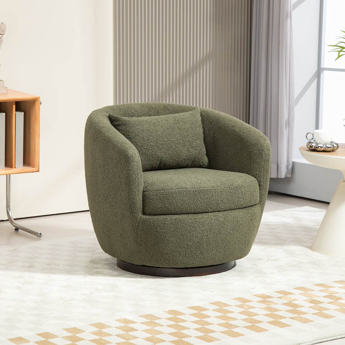 Upholstered Swivel Barrel Armchair With Storage Modern Living Room Side Chair For Bedroom Office Reading Spaces Teddy Fabric Dark Green Dark Green Foam Upholstered