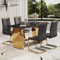 Table And Chair Set,Modern Rectangular Table With 0.4 Inch Black Patterned Tabletop And Gold Legs, Suitable For Kitchen, Dining Room, And Living Roomcomfortable Pu Seats,Perfect For Dinner, Meet Black Seats 4 Sintered Stone