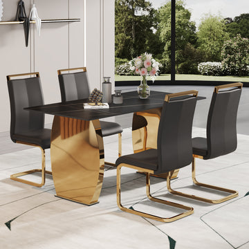 Table And Chair Set,Modern Rectangular Table With 0.4 Inch Black Patterned Tabletop And Gold Legs, Suitable For Kitchen, Dining Room, And Living Roomcomfortable Pu Seats,Perfect For Dinner, Meet Black Seats 4 Sintered Stone