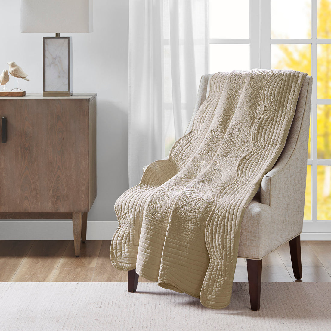Oversized Quilted Throw With Soped Edges Khaki 60X72" Khaki Microfiber