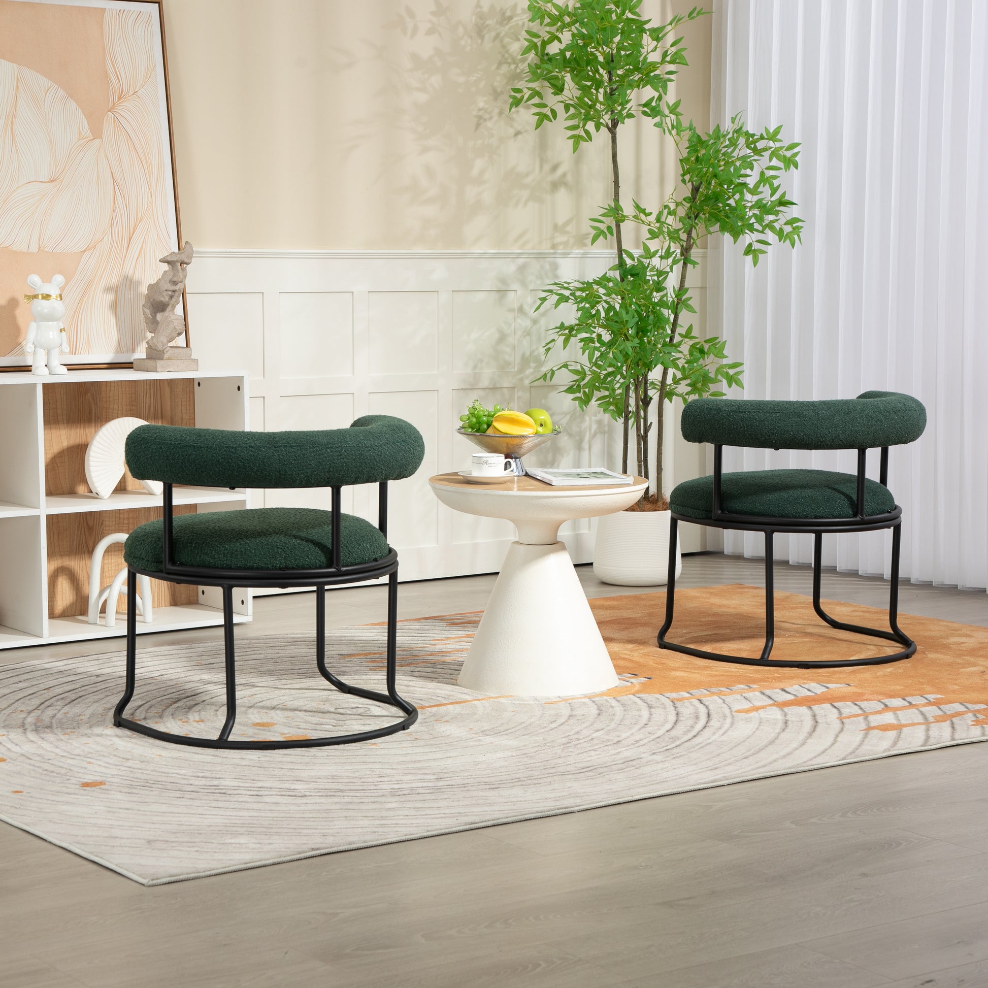 Coolmore Boucle Dining Chairs Set Of 2, Mid Century Modern Curved Backrest Chair, Round Upholstered Kitchen Chairs Emerald Boucle Emerald Foam Mdf Metal