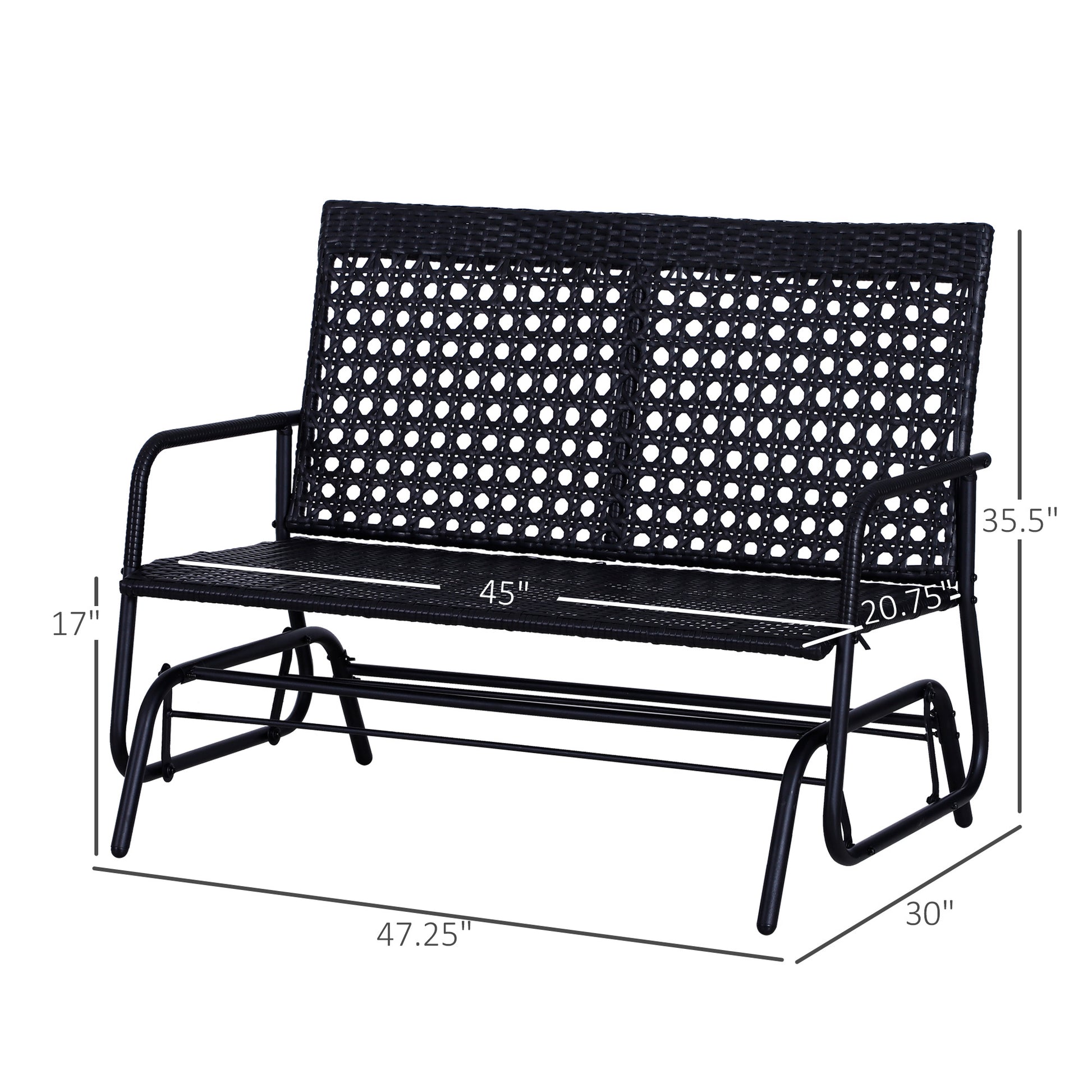 Outsunny Patio 2 Person Wicker Glider Bench Rocking Chair, Outdoor All Hand Woven Pe Rattan Loveseat W Ergonomic Design Rocking System For Patio, Garden, Porch, Lawn, Black Black Steel