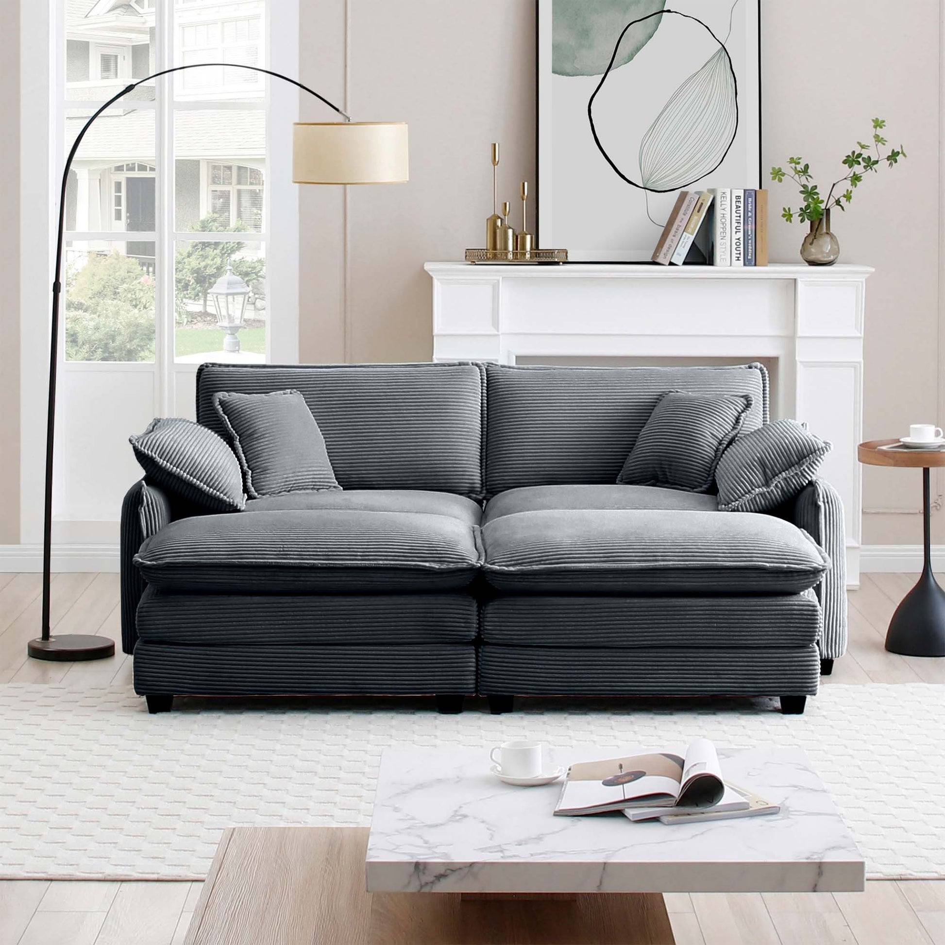 Two Seater Theater Sofa With 2 Footrest, 2 Seater Sofa With Ottoman For Small Living Spaces,Grey Corduroy Grey Corduroy 2 Seat