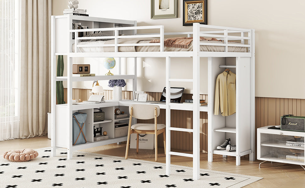Metal Loft Bed With Wardrobe And L Shaped Desk, Full Size Loft Bed With Storage Cubes And Shelves, Heavy Duty Loft Bed For Kids Teens Adults, White Full Off White Metal