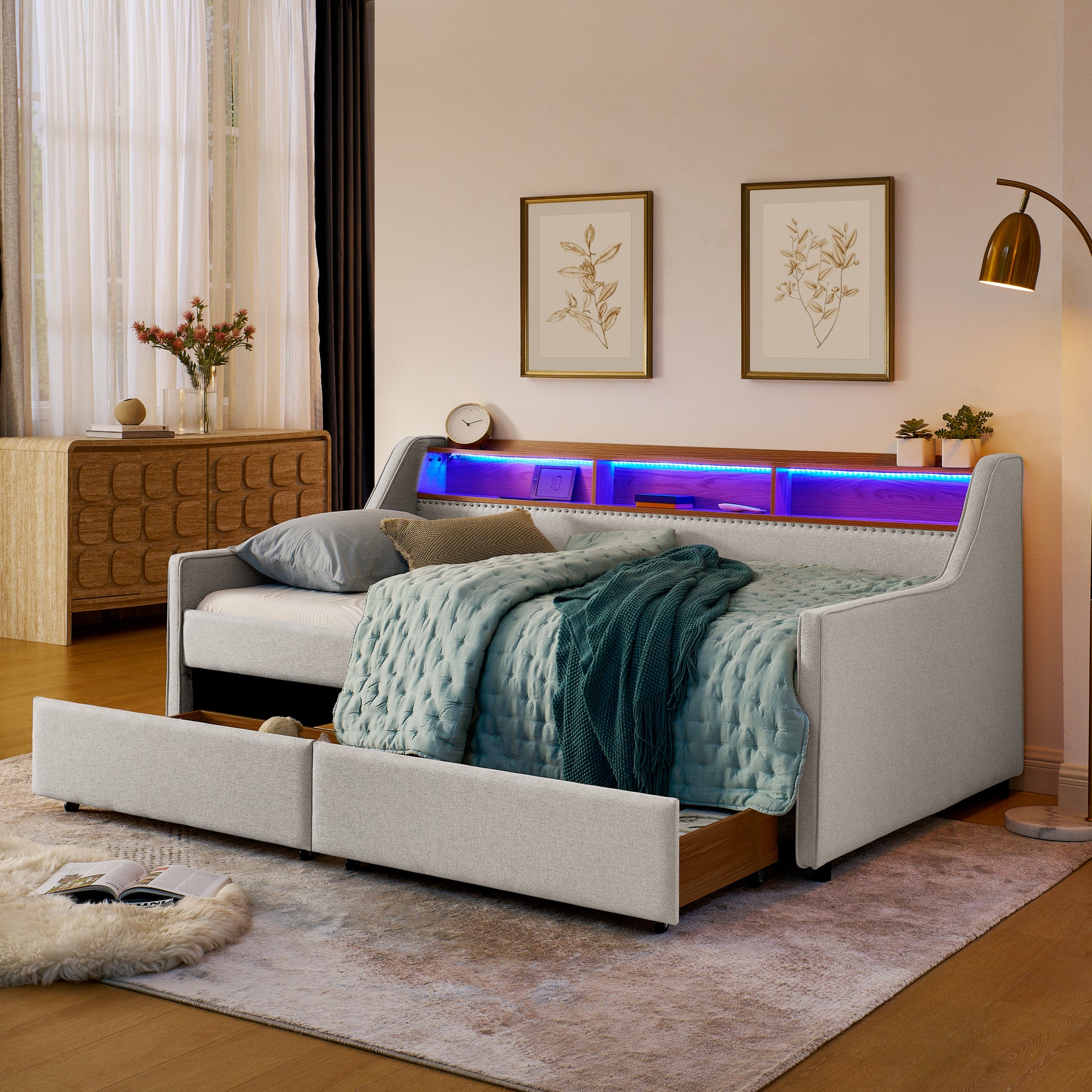 Twin Size Upholstery Sofa Bed With Three Led Lights, With Storage Adjustable Headboard, With Two Storage Pull Up Drawers And Wireless Charging, Linen Padded Sofa Bed Frame, Beige Box Spring Not Required Twin Beige Composite Bedroom Classic Eucalyptus