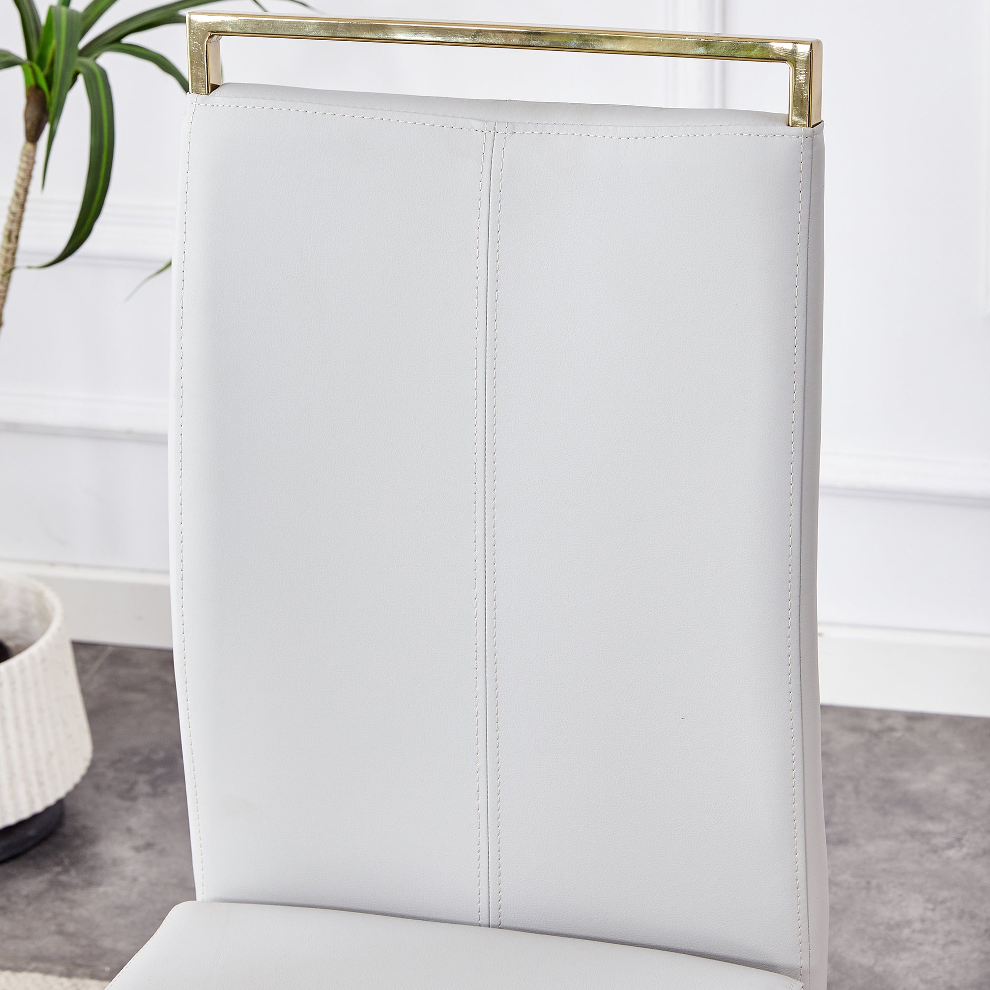 Table And Chair Set.Large Modern Rectangular Table With 0.4 Inch Patterned Glass Tabletop And Large Mdf Table Legs.Comes With 8 Chairs With Faux Leather Cushioned Seats And Golden Metal Legs. Gold White Seats 8 Mdf Glass