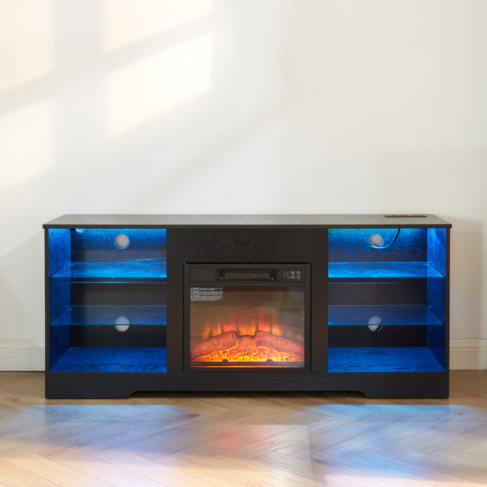 Tv Stand Electric Fireplace Glass Shelves, 3D Fireplace Tv Stand With Led Lights Wood With Usb Charging Outlet Modern Television Table Center For Tv Up To 62" Black 58''W*15.5''D*24.4 Black 50 59