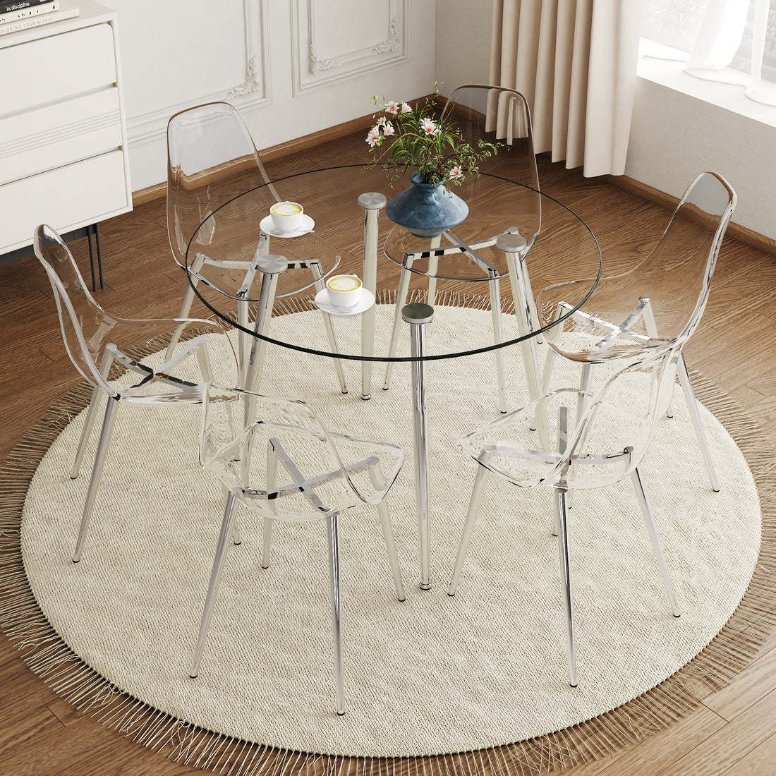Table And Chair Set.A Modern Minimalist Round Dining Table With Transparent Tempered Glass Top And Silver Metal Legs,Paired With 6 Multiple Transparent High Quality Pet Dining Chairs With Silver Legs. Silver,Transparent Seats 6 Glass Metal