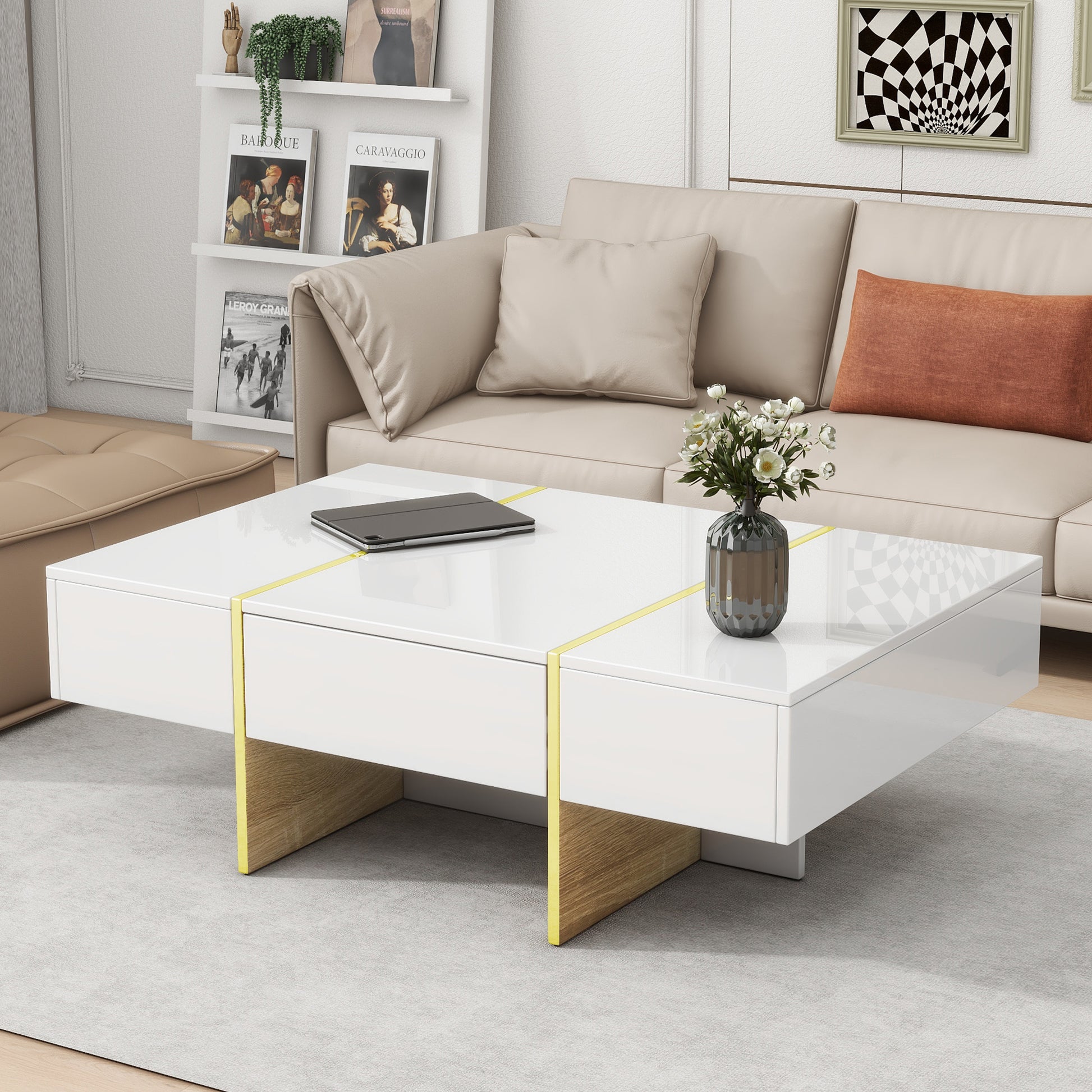 47.2'' X 31.4''Minimalist High Gloss Coffee Table With 2 Drawers, Multi Storage Rectangle Sofa Table With Golden Wood Grain Legs, Modern Center Table For Living Room, White White Particle Board Mdf