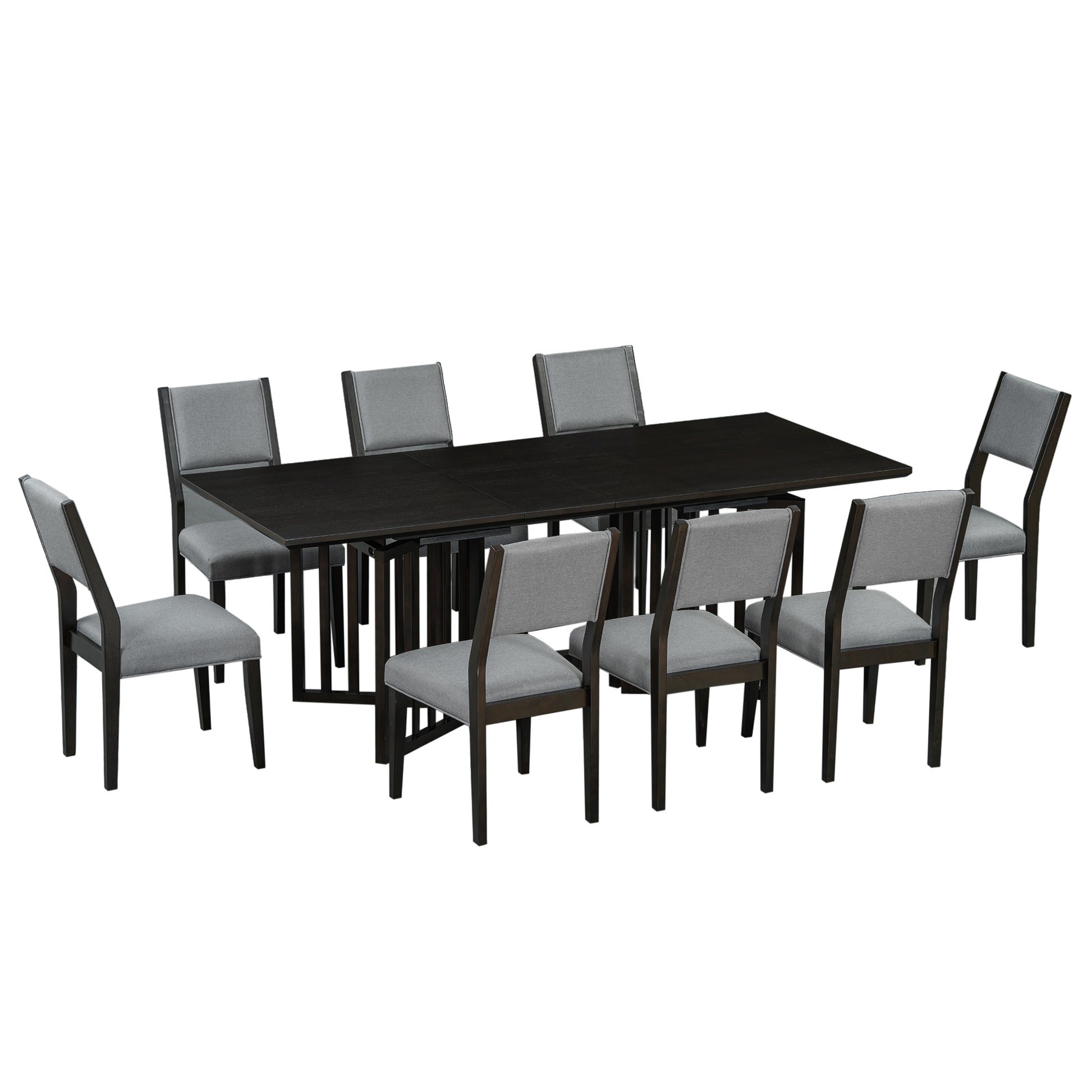 Farmhouse 9 Piece 83.9Inch Extendable Dining Table Set With 2 12 Inch Removable Leaves And 8 Upholstered Dining Chairs, Espresso Wood Dining Room Solid Wood Rubberwood Rectangular Dining Table With Chair Upholstered Chair Wood Espresso Seats 8 Removable
