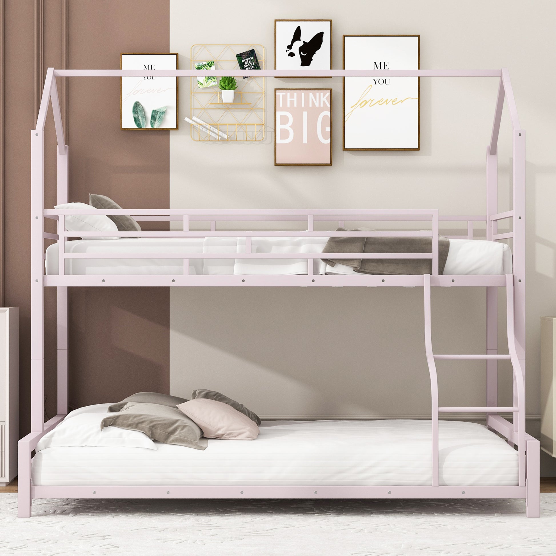 Metal House Bunk Bed, Twin Over Full, Pink Full Pink Metal