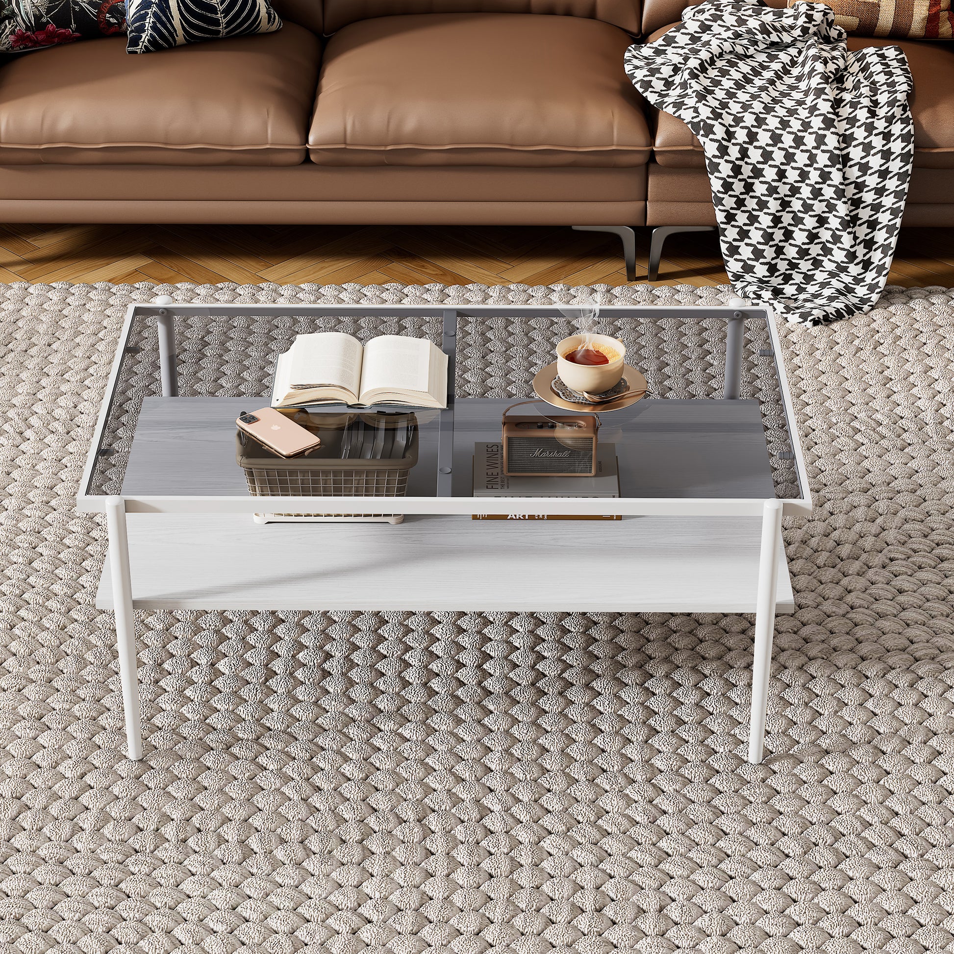 Rectangle Coffee Table With Gray Tempered Glass Top And White Legs, Modern Table For Living Room Gray Tempered Glass