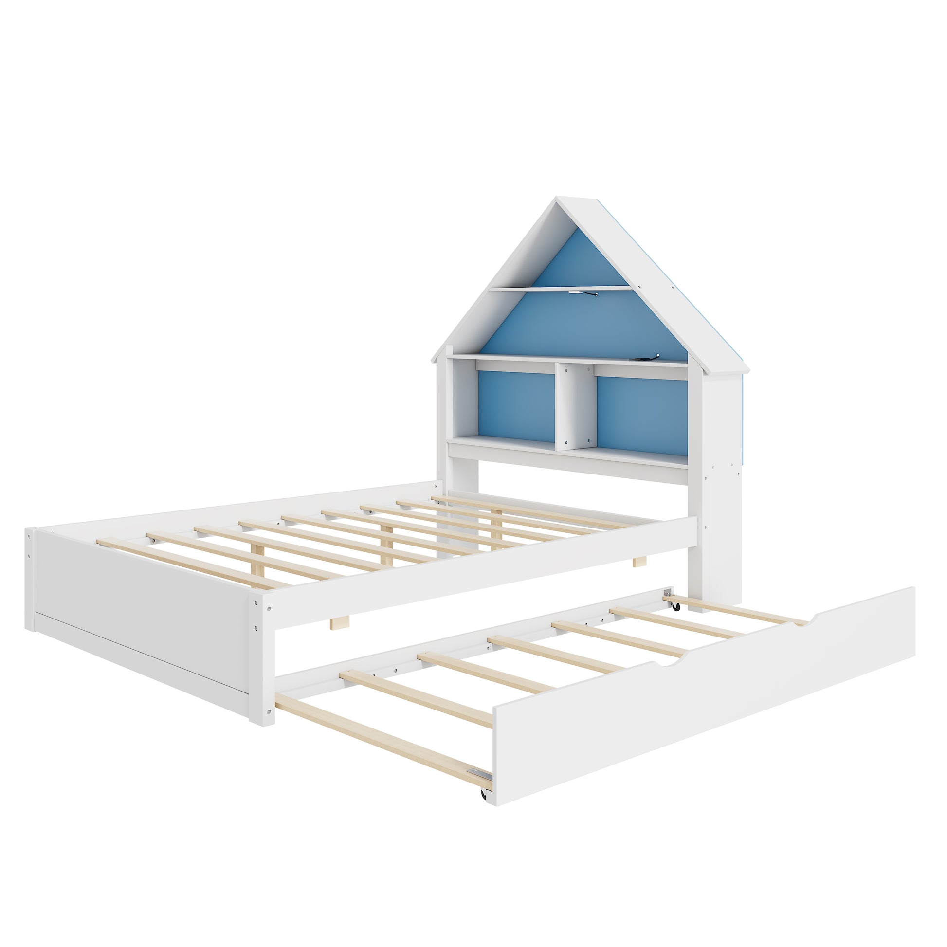 Full Size House Shaped Bed With Bookcase Headboard And Led Light And Twin Size Trundle For Kids Boys Girls, Blue White Box Spring Not Required Full White Blue Wood Bedroom Cute Bed Frame Wood