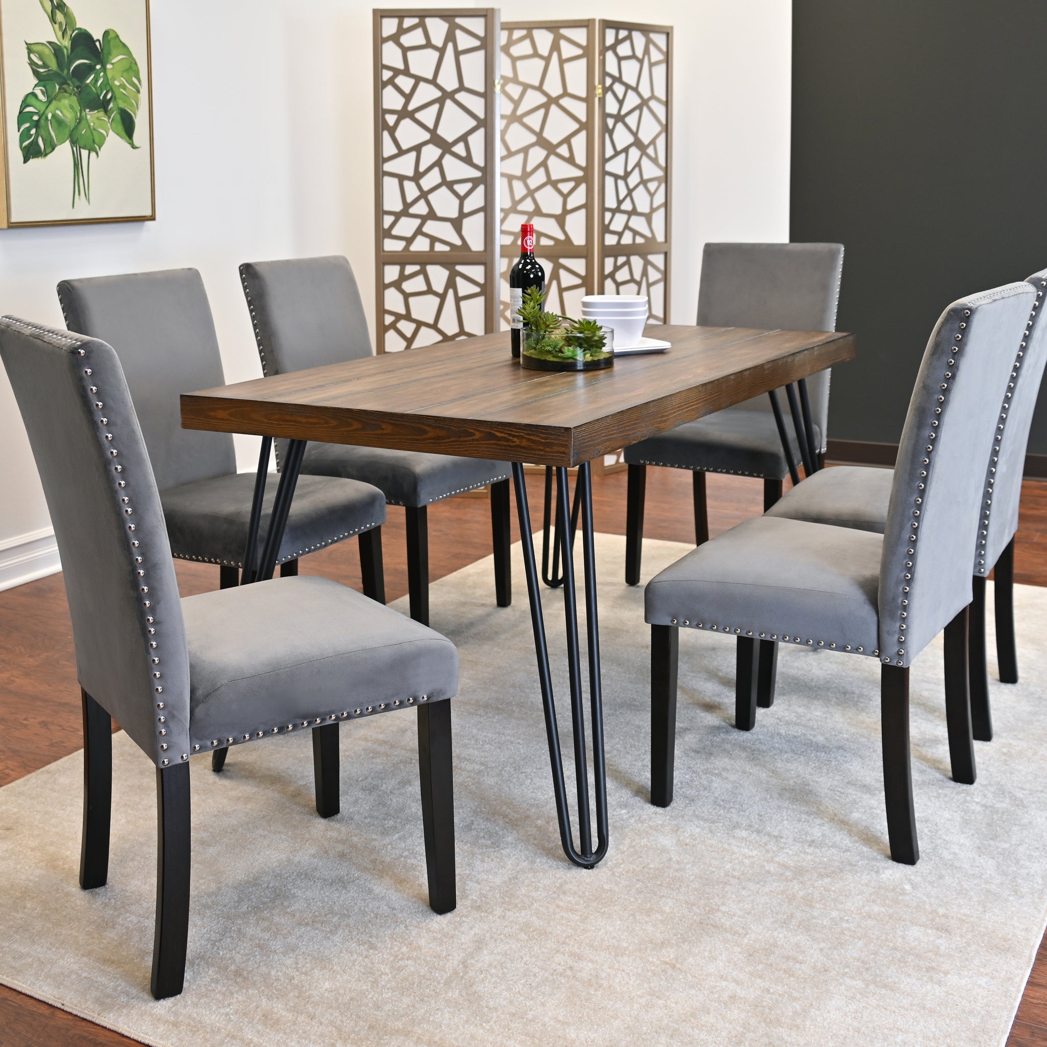 Aso 7 Piece Dining Set, Hairpin Dining Table With 6 Chairs, 3 Color Options Brown Metal Dining Room Fixed Table Rubberwood Rectangular Dining Table With Chair Metal Wood Brown Seats 6 Rectangular 4 Leg Mdf Metal