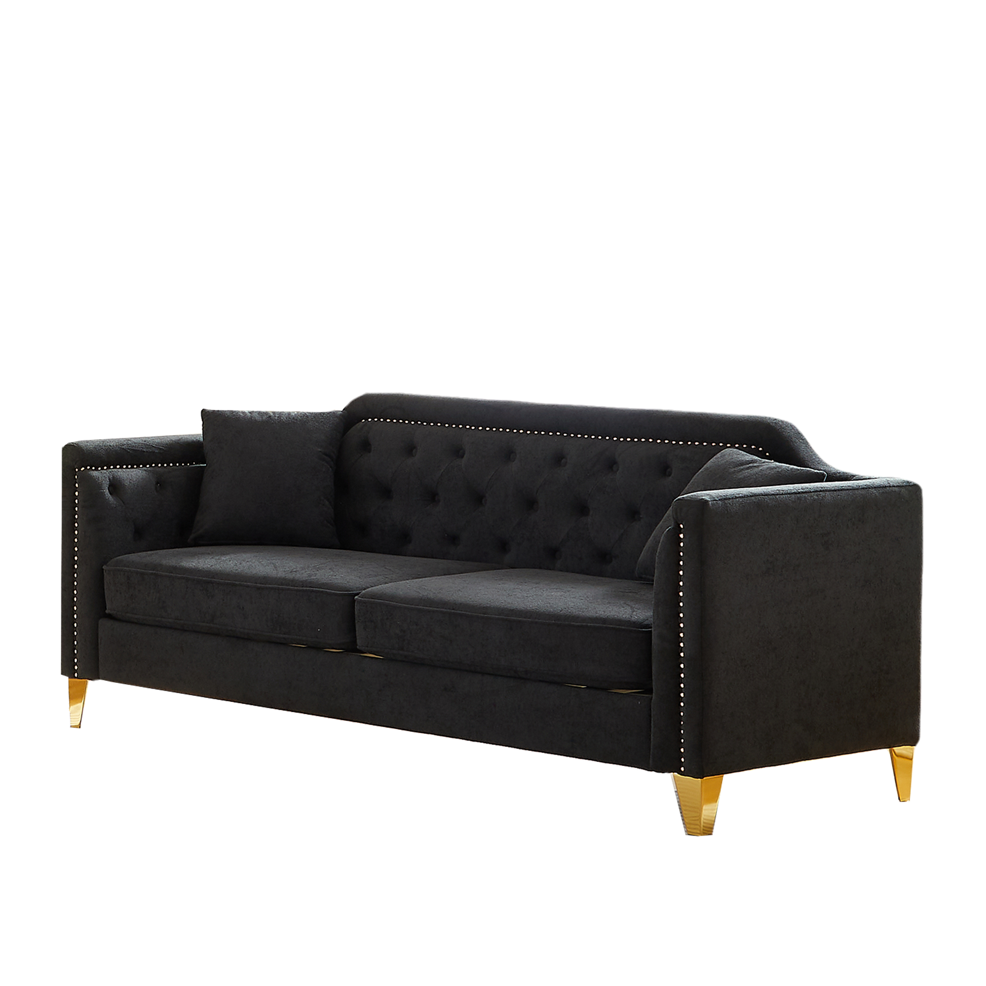 Fx81"Mid Century Design Modern Sofa,Chenille Pull Buckle Design Sofa For Living Room,Buttons Tufted With Copper Nail Decoration Armrest, With 2 Pillows,Modern Couch Upholstered Button And Metal Legs Black Chenille Pine Foam Fabric 3 Seat