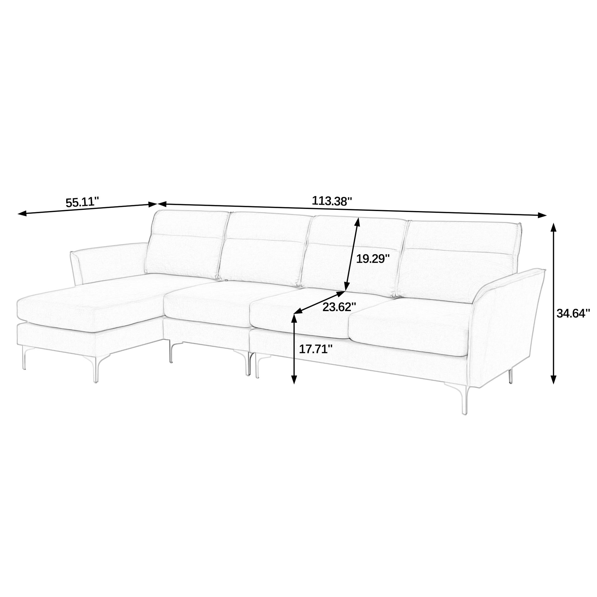 Modern Sofa 3 Seat Couch With Stainless Steel Trim And Metal Legs For Living Room,Gray Gray Foam 3 Seat