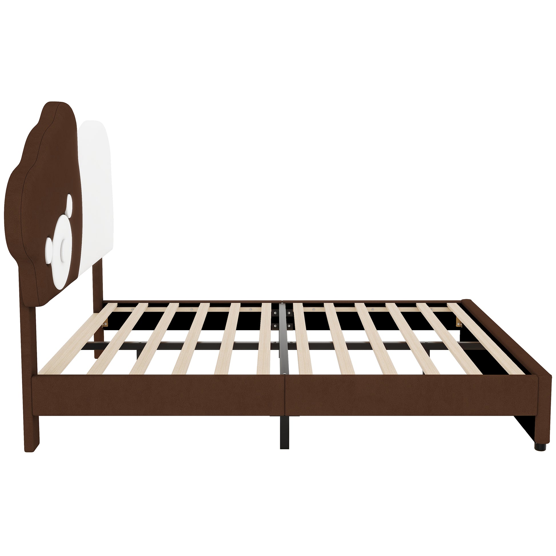 Full Size Upholstered Platform Bed With Bear Shaped Headboard, Led Light Strips, White Brown Box Spring Not Required Full Brown White Wood Bedroom Bed Frame Upholstered