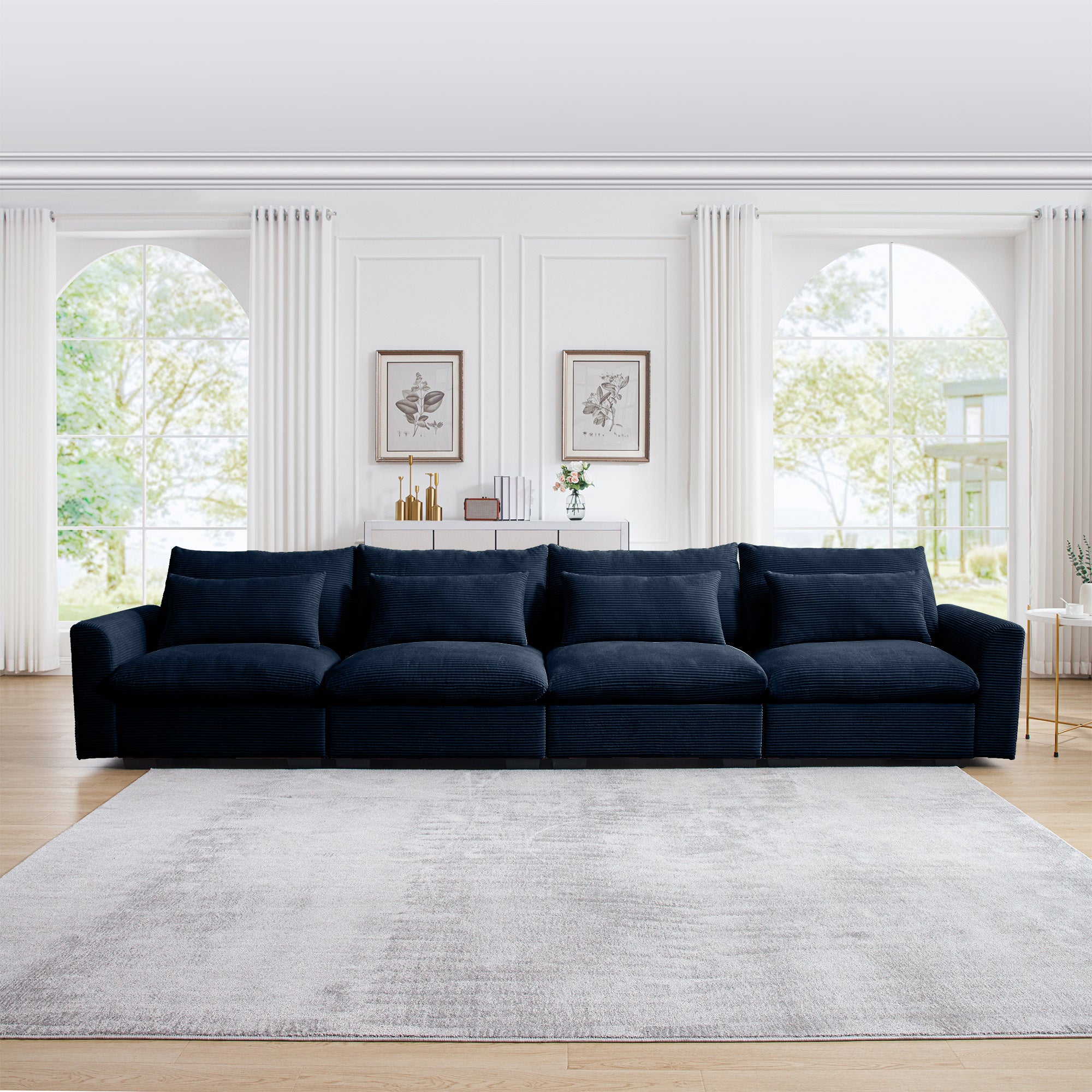 4 Seater Deep Seat Couches For Living Room, Comfy Blue Corduroy Sofas For Living Room Modern With 4 Waist Pillows Blue Corduroy 4 Seat