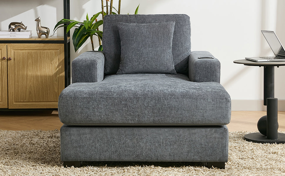 39.7" Oversized Chaise Lounger Modern Style Sofa Couch ,With Pillows, Charge Station & Cup Holders, Chenille Fabric, Blue Gray Blue Gray Chenille