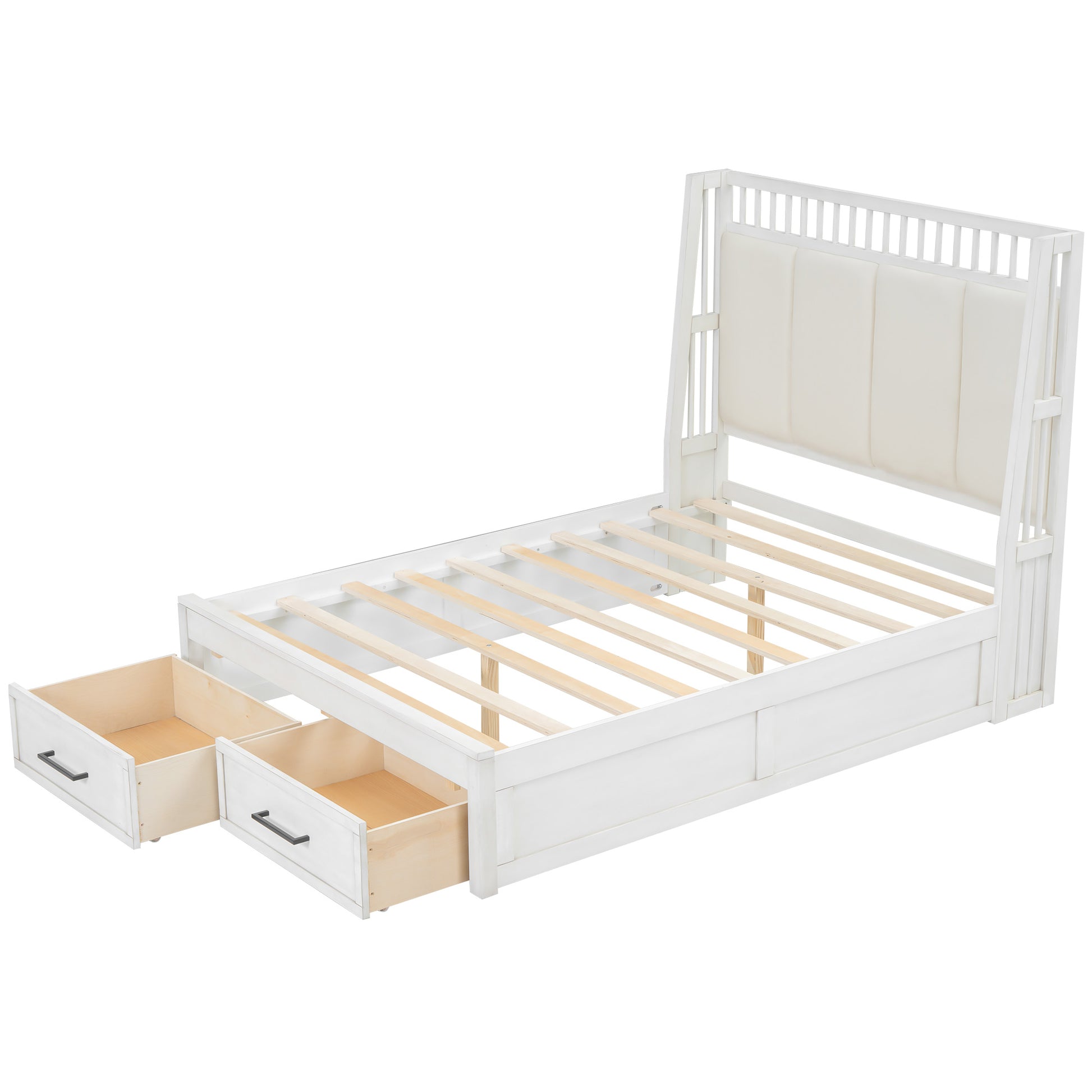 Full Size Wood Platform Bed With Upholstered Headboard And 2 Drawers, White Box Spring Not Required Full White Wood Bed Frame Solid Wood Mdf