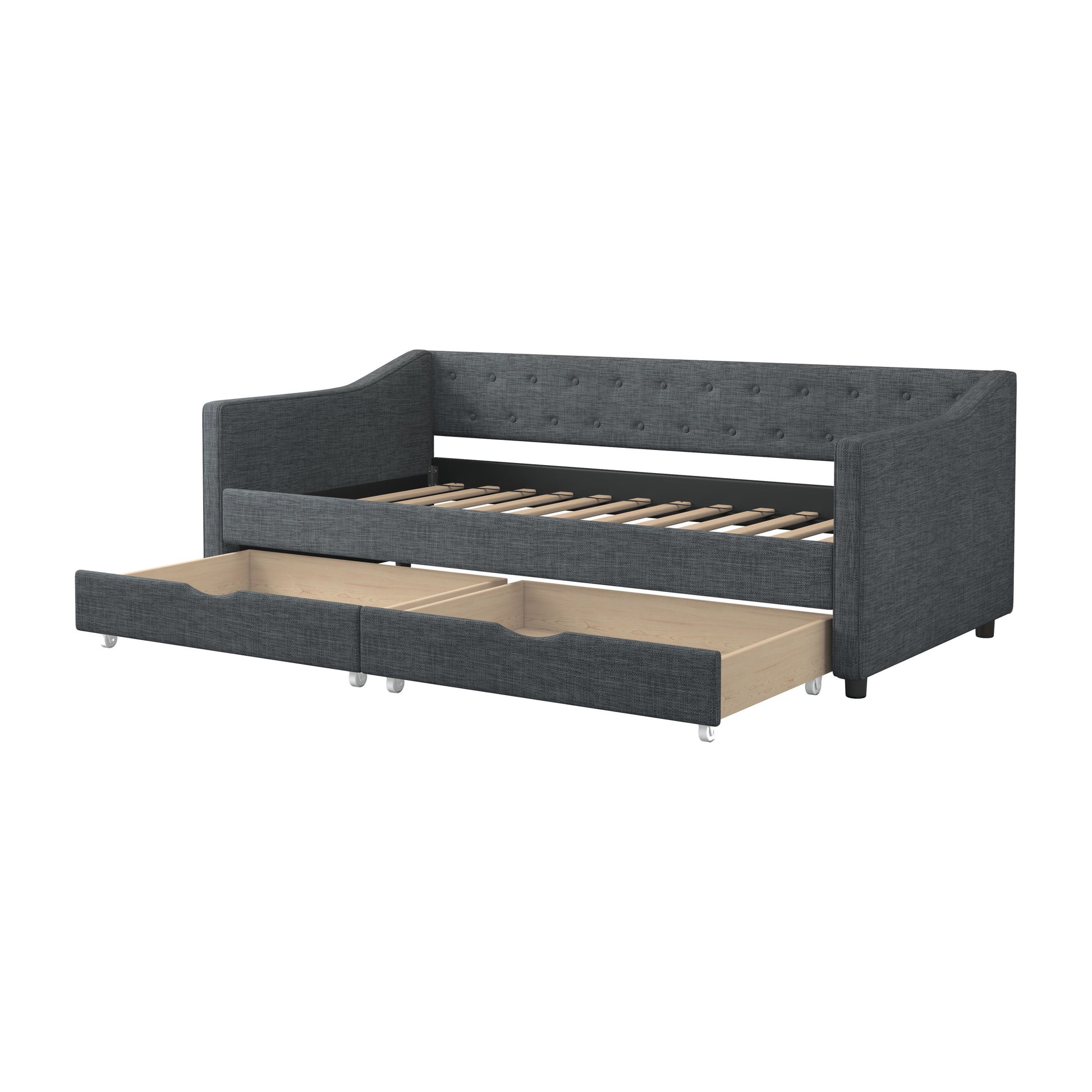 Twin Size Daybed With Drawers Upholstered Tufted Sofa Bed, With Button On Back And Piping On Waved Shape Arms Dark Grey Twin Dark Grey Wood Fabric