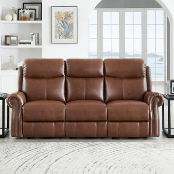 Royce Power Headrest Zero Gravity Reclining Sofa Brown Genuine Leather Wood Primary Living Space Medium Firm Tight Back Mid Century Modern Eucalyptus Rolled Arms Memory Foam Leather 3 Seat