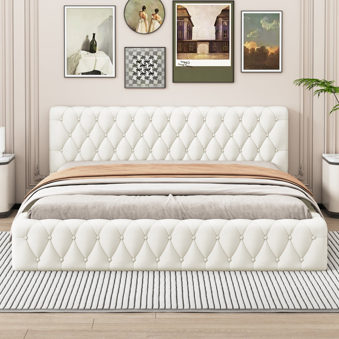 Queen Size Velvet Upholstered Platform Bed, With Luxurious Diamond Grid Headboard,Beige Queen Beige Plywood