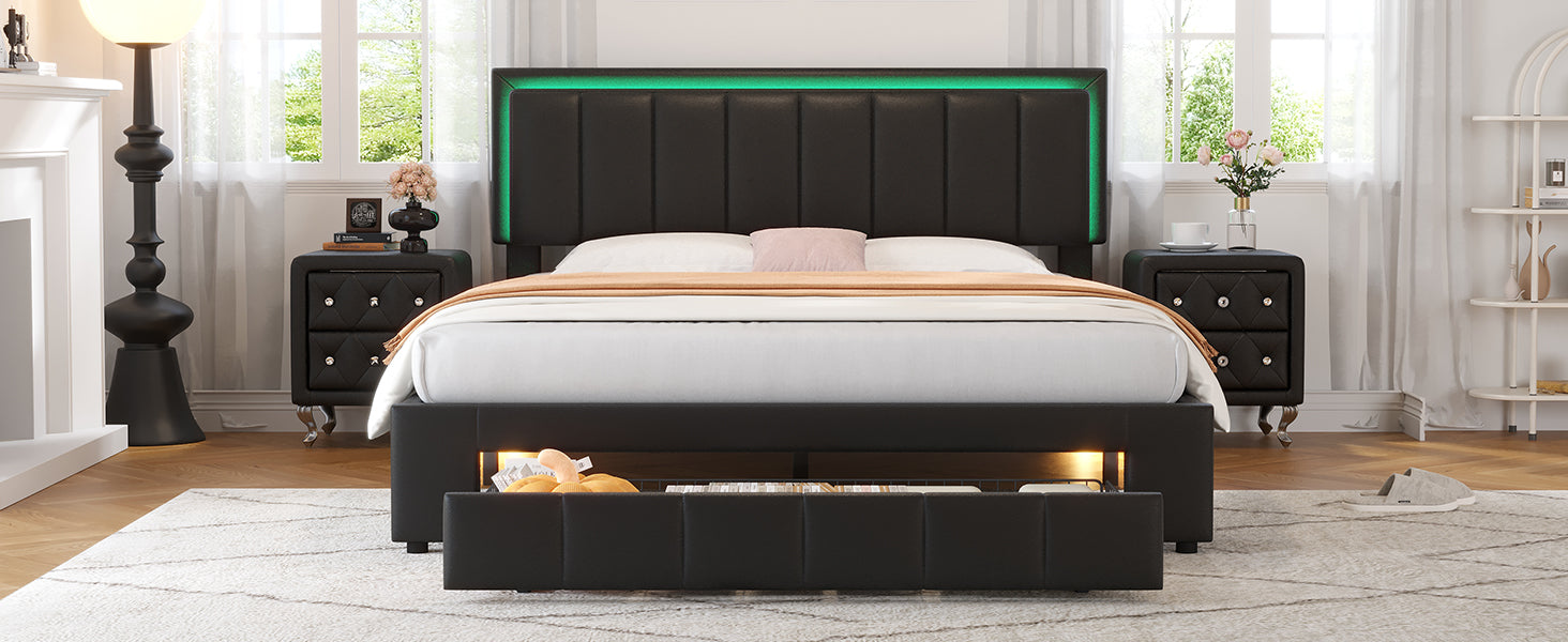 3 Pieces Bedroom Sets,Queen Size Upholstered Bed With Led Lights And Two Motion Activated Night Lights,Pu Nightstand With 2 Drawers And Crystal Handle,Black Queen Black 3 Piece Set Wood