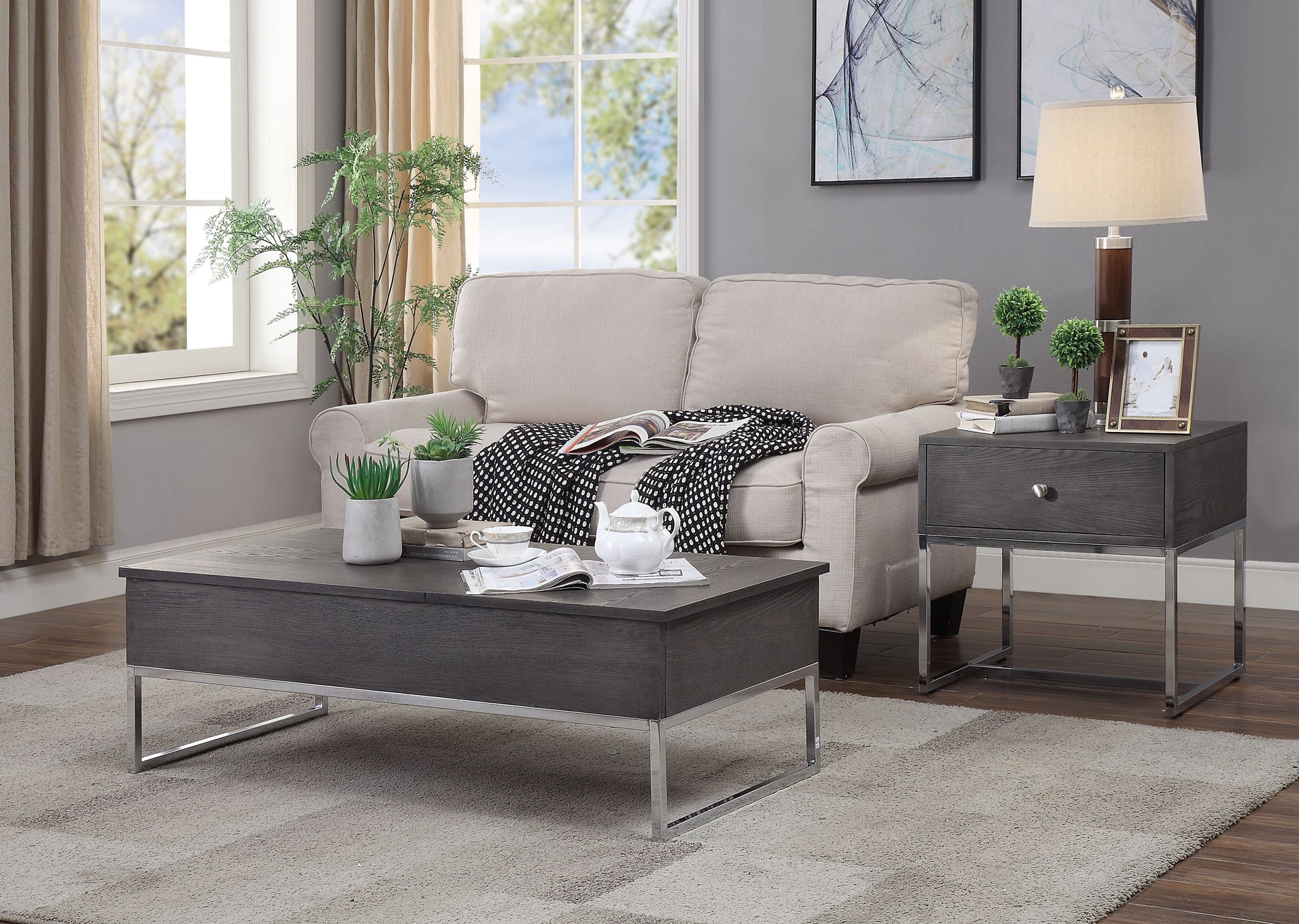 Grey Oak And Chrome Coffee Table With Lift Top Oak Silver Primary Living Space Rectangular Wood Metal Sled