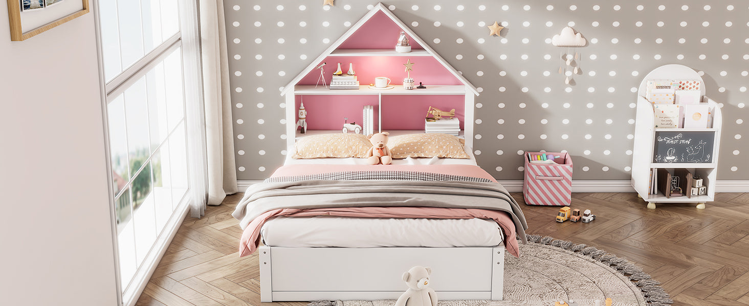 Full Size House Shaped Bed With Bookcase Headboard And Led Light And Twin Size Trundle For Kids Boys Girls, Pink White Box Spring Not Required Full White Pink Wood Bedroom Cute Bed Frame Wood