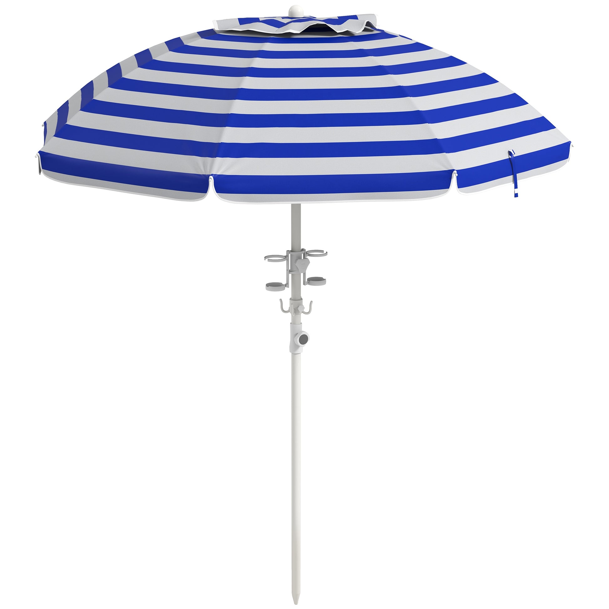 Outsunny 5.7' Portable Beach Umbrella With Tilt, Adjustable Height, 2 Cup Holders & Hooks, Uv 40 Ruffled Outdoor Umbrella With Vented Canopy, Blue White Stripe Colorful Polyester