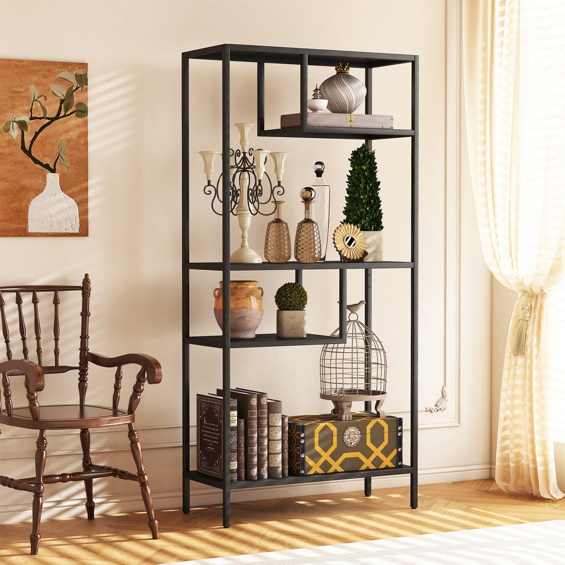 Modern Storage Shelf With 4 Compartments & Metal Legs, Freestanding Organizer,Book Shelves Display Shelves For Living Room, Bedroom, Home Office 4 Black Standard Primary Living Space Open Back Metal