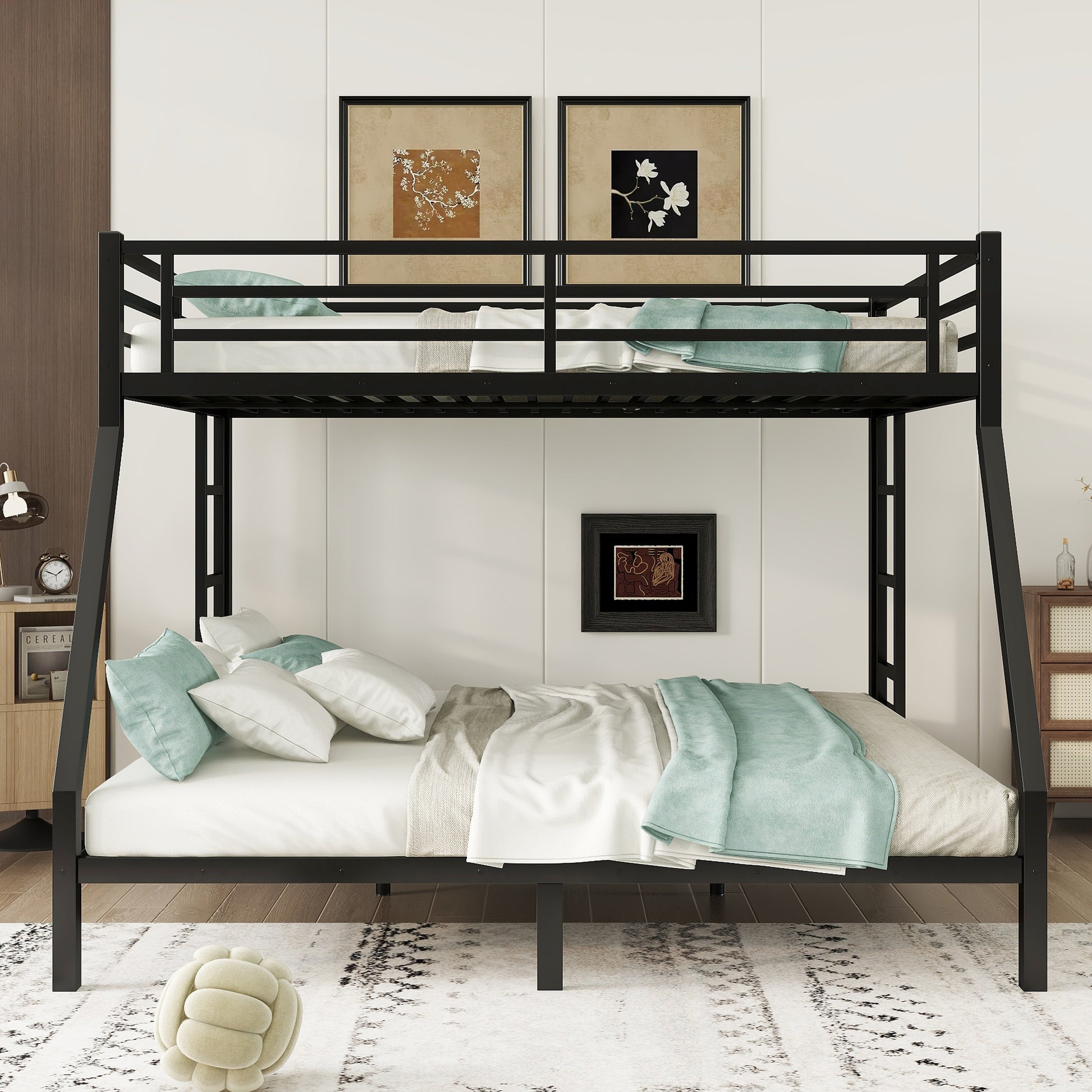 Metal Queen Over King Bunk Bed For Teens And Adults,Space Saving Noise Reduced No Box Spring Needed, Black Black Metal
