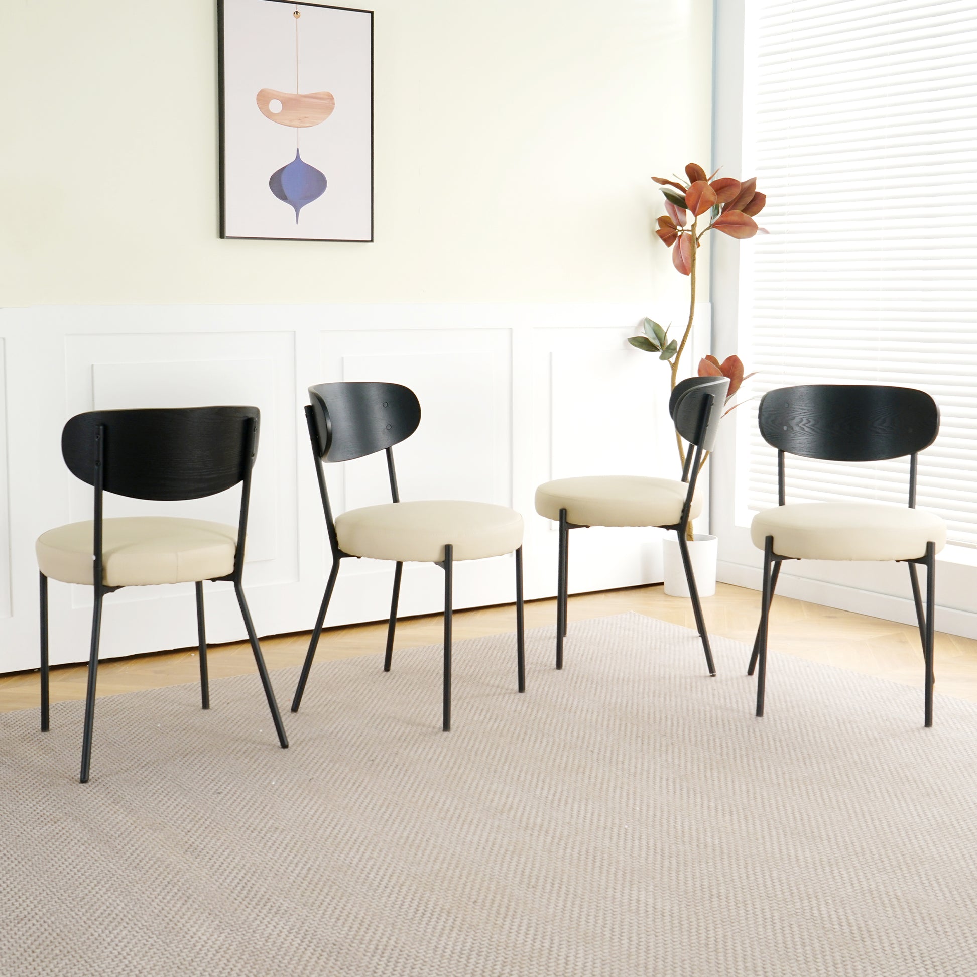 Modern Grey Simple Pu Dining Chair Upholstered Chair Family Bedroom Stool Back Dressing, Black Round Table Set, Bentwood Covered With Ash Veneer Chair Back, Chair Black Metal Legs Set Of 5 Black Mdf