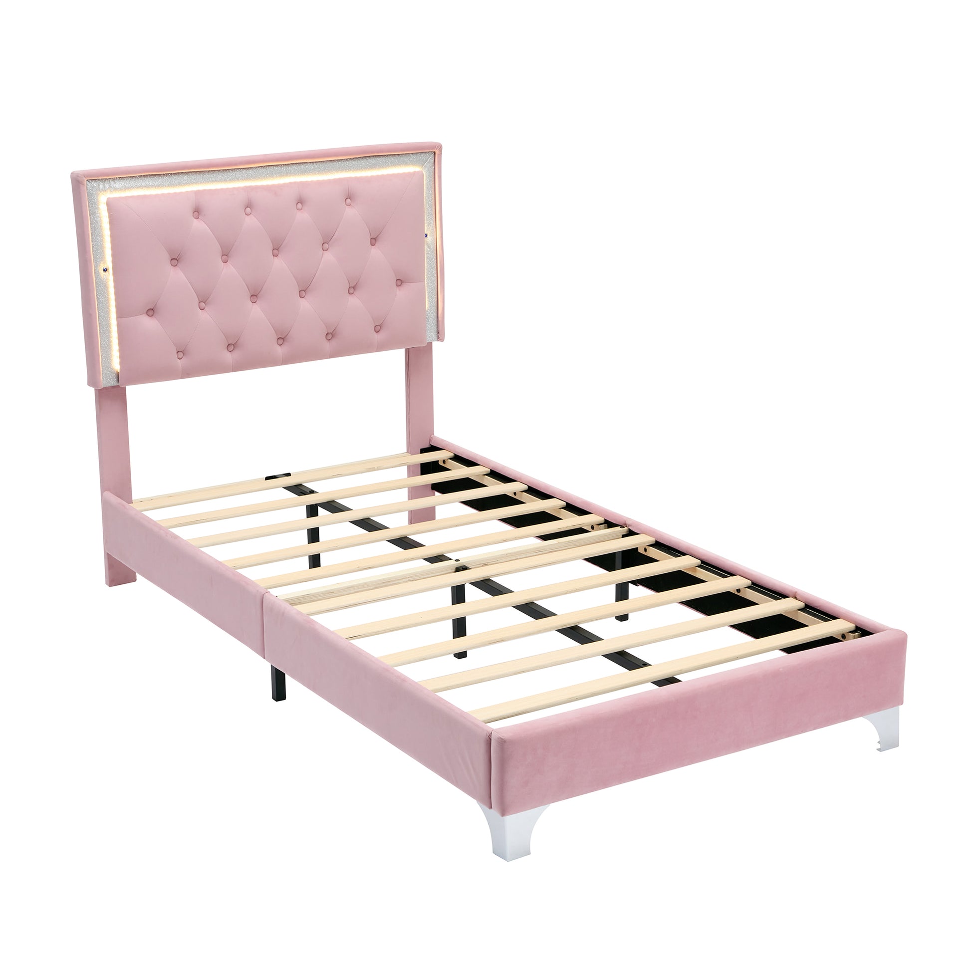 Twin Size Upholstered Bed Frame With Led Lights,Modern Velvet Platform Bed With Tufted Headboard,Pink Twin Pink Velvet