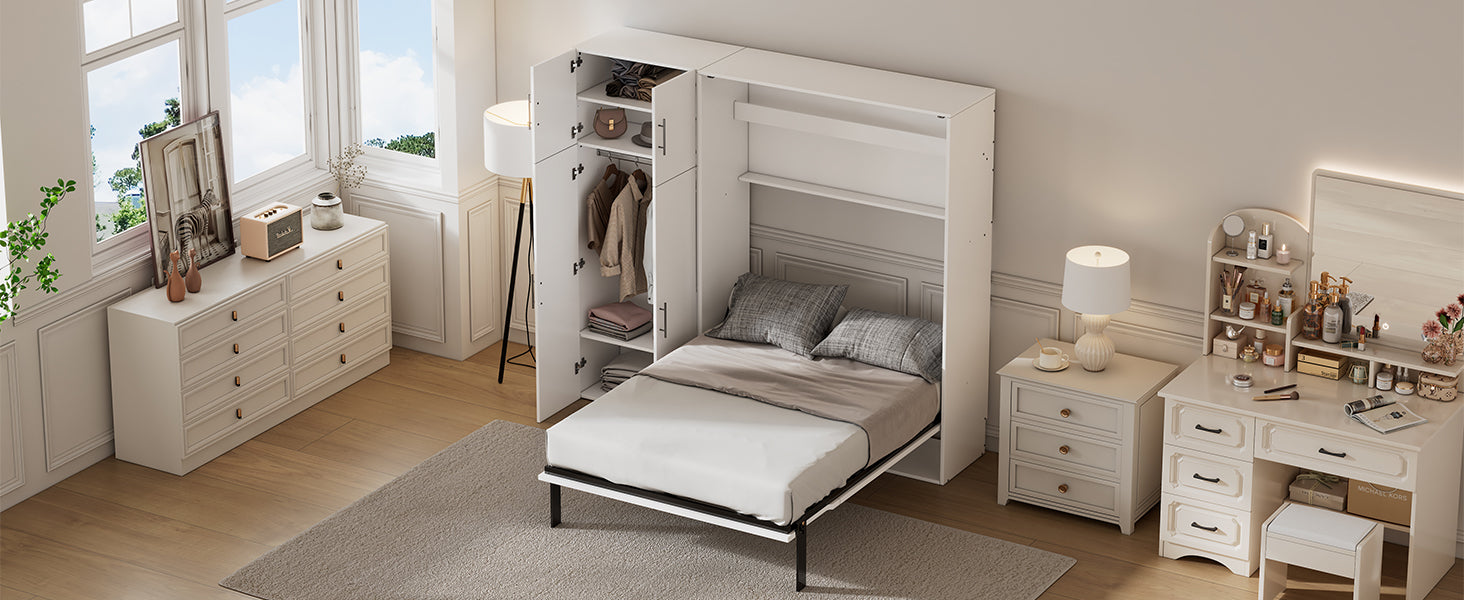 Full Size Murphy Bed With Lockers And Wardrobes, White Box Spring Not Required Full White Murphy Solid Wood Mdf