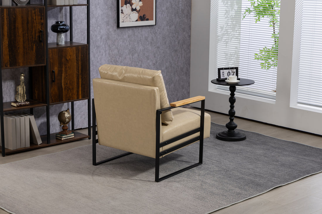 Leather Accent Chair Guest Chair For Living Room, Mid Century Armchair For Bedroom Khaki Pu