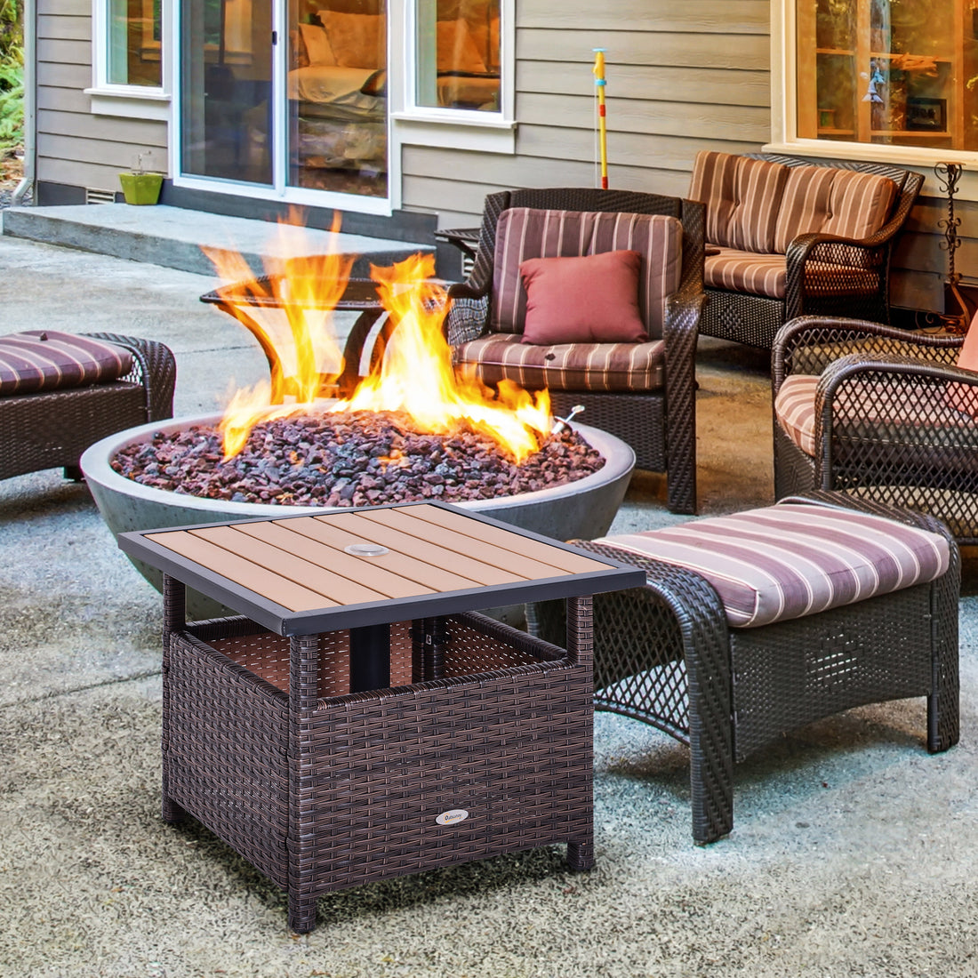 Outsunny 22'' Rattan Wicker Side Table With Steel Frame, Umbrella Insert Hole, Sand Bag For Outdoor, Patio, Garden, Backyard, Brown Brown Rattan